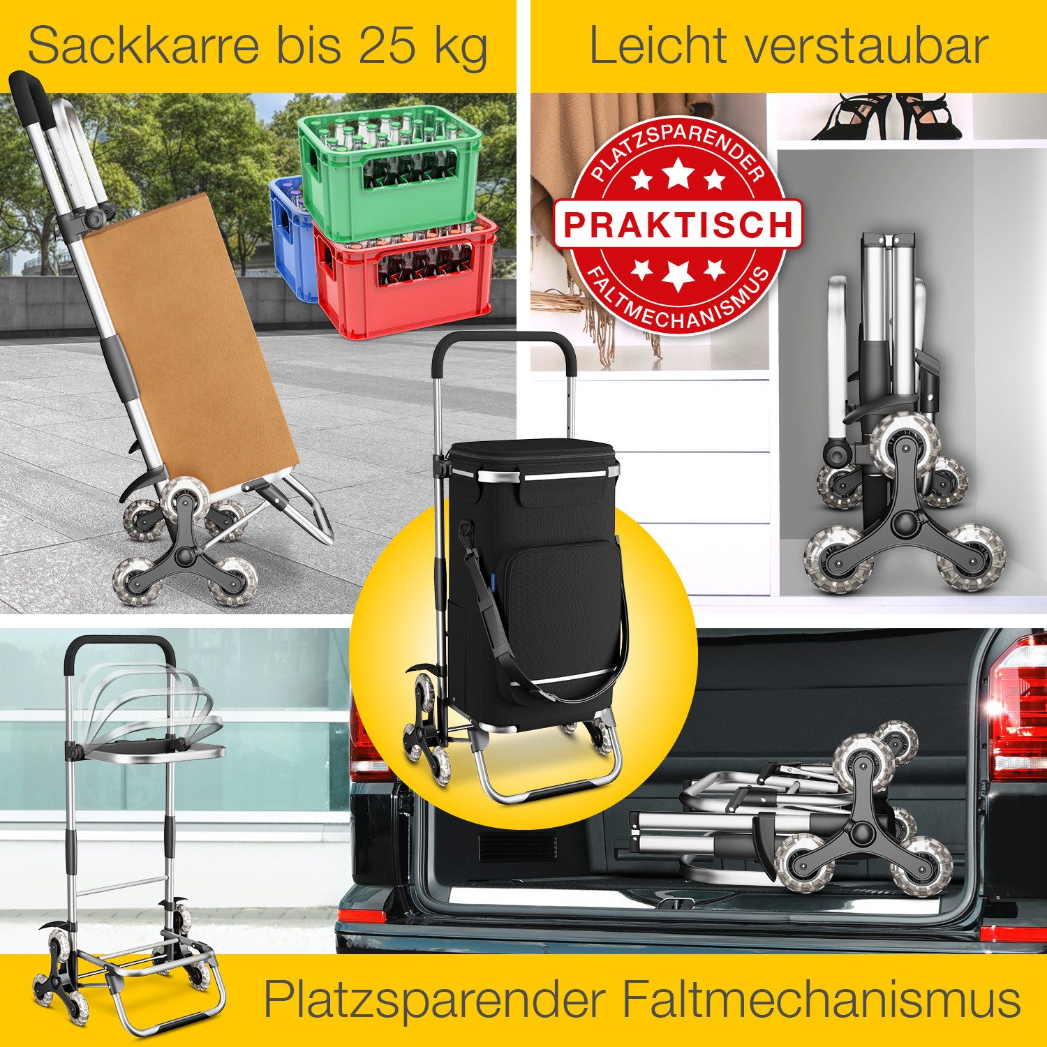 ELONEO Einkaufstrolley Treppensteiger, mit separater Kühltasche, klappbar, 43 l, 3+3 Rad-System, abnehmbare Tasche mit Schultergurt, extrem leicht