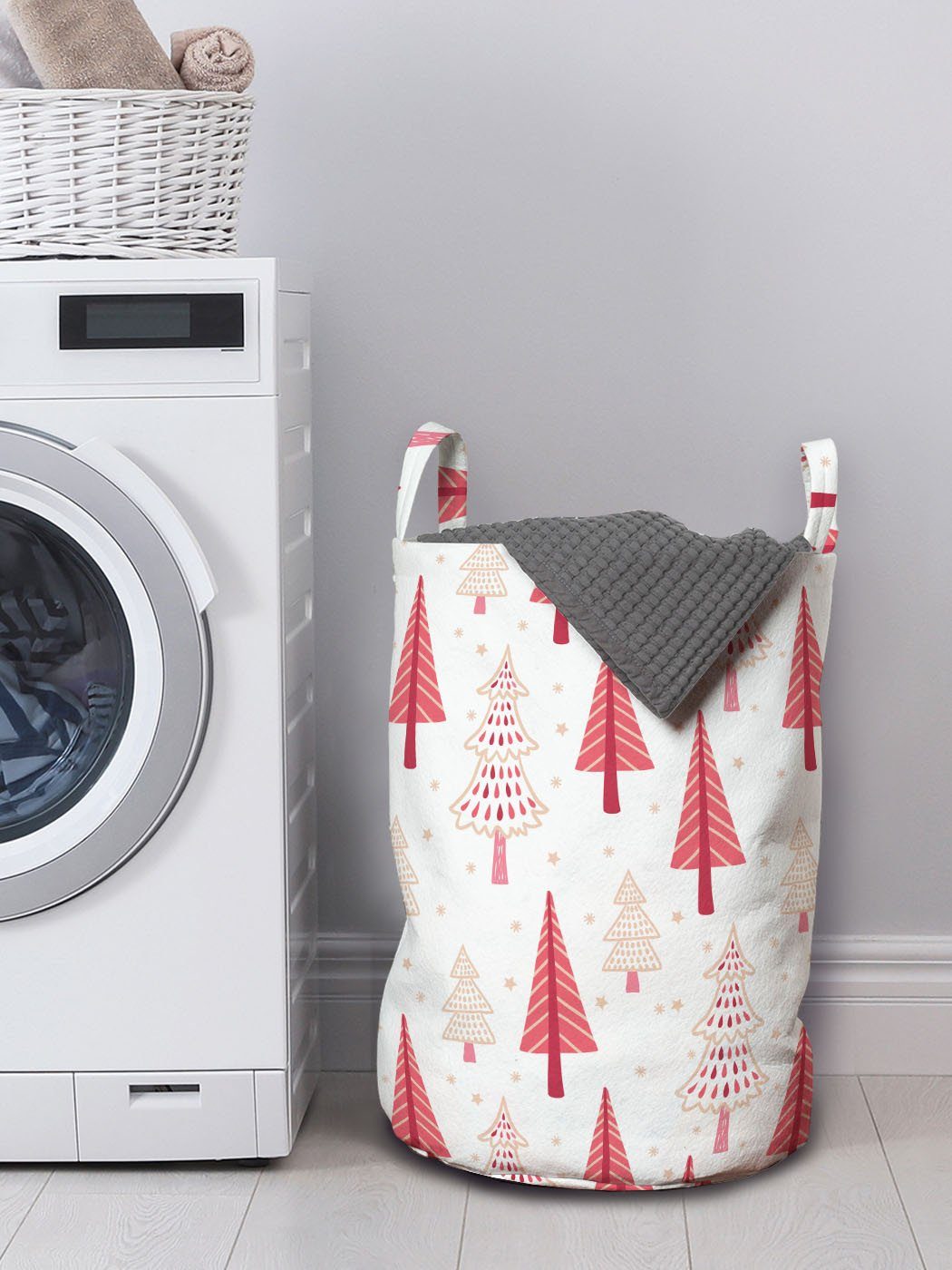 Abakuhaus Wäschesäckchen Wäschekorb mit Griffen Weihnachten für Waschsalons, Zierbäume Sterne Kordelzugverschluss