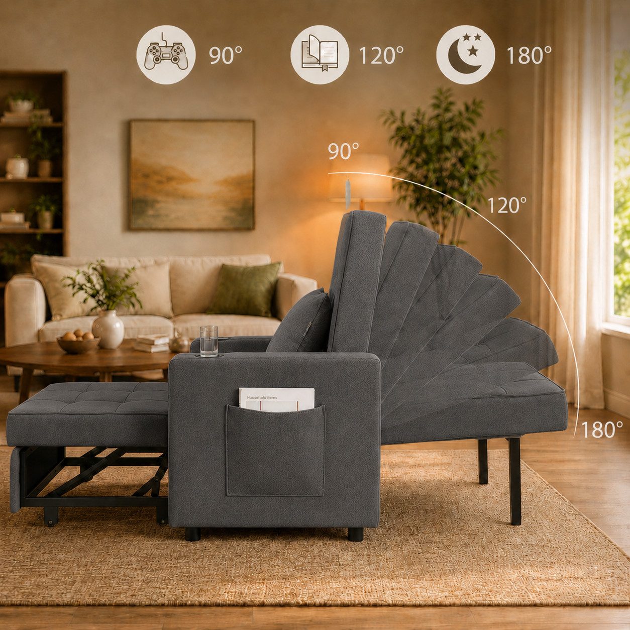 Makika Relaxliege Schlafsessel Schlafsofa Couch Tommy klappbar in Dunkelgrau