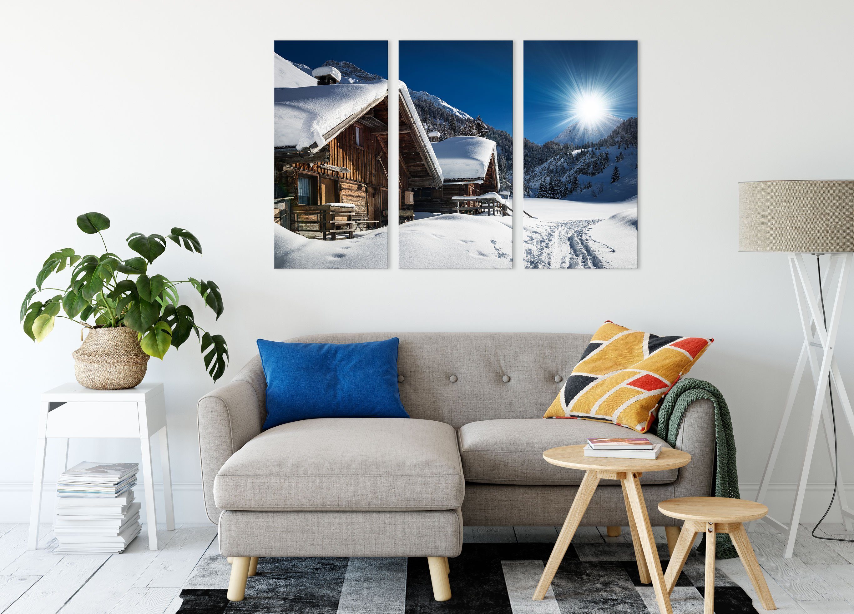 (120x80cm) Verschneite inkl. Leinwandbild Pixxprint (1 St), Alpenhütte bespannt, fertig Leinwandbild Verschneite 3Teiler Alpenhütte, Zackenaufhänger