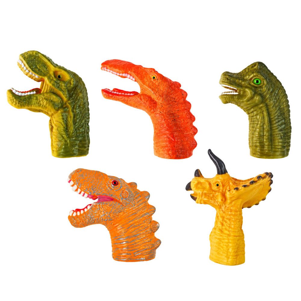 LEAN TOYS Fingerpuppe Handpuppen Rollenspielfiguren Dinospielzeug (Spar-Set, 5-tlg., 4 x 8 x 2 cm flexibel), 5 Dino-Motive, flexibler Gummi, Rollenspiel