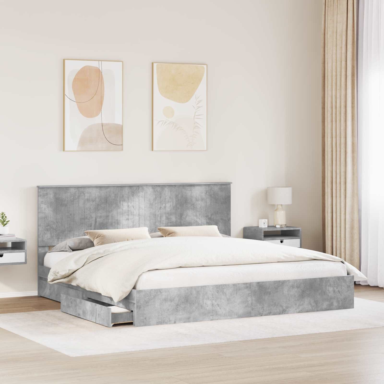 furnicato Stauraumbett Aufbewahrungsbett mit Schubladen 200x200 cm Beton Grau (1-tlg), Integrierte Stauraumschubladen Doppelbett mit praktischem Kopfteil