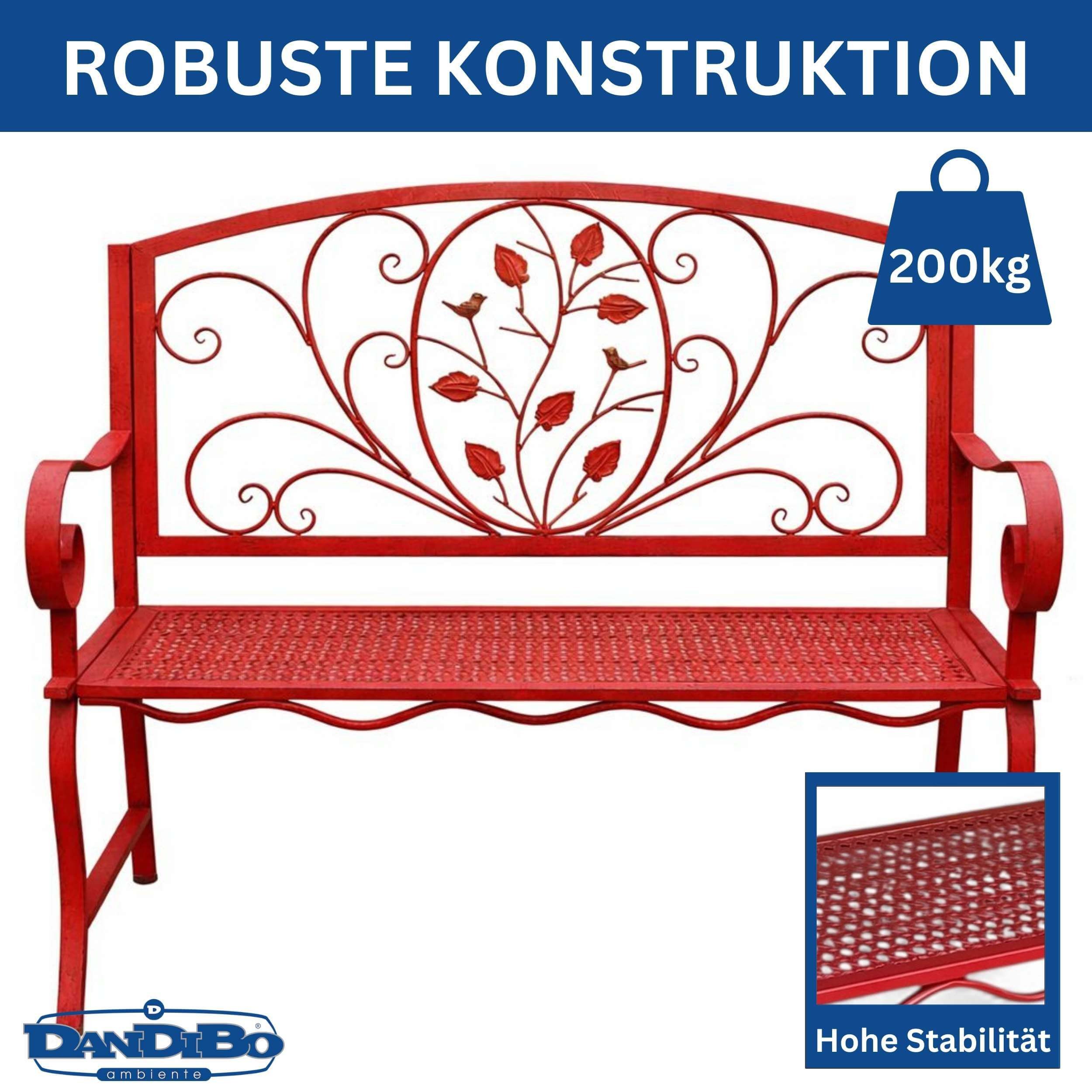 DanDiBo Gartenbank Wetterfest Rossa 2 Sitzer Metall Rot 110 cm Sitzbank Eisen Bank, Antik Parkbank