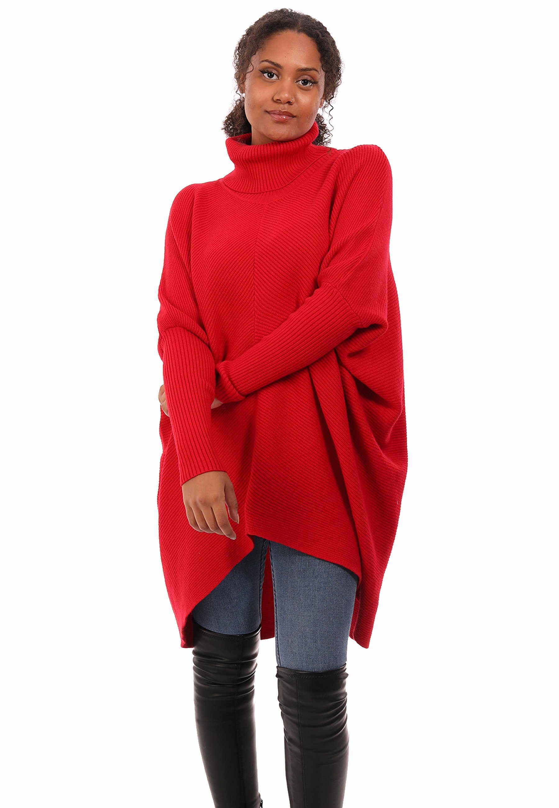 überschnittenen (1-tlg) mit Longpullover mit in Unifarbe, Fashion Strickpullover Size Rollkragen Schultern YC Plus asymmetrisch rot Style &