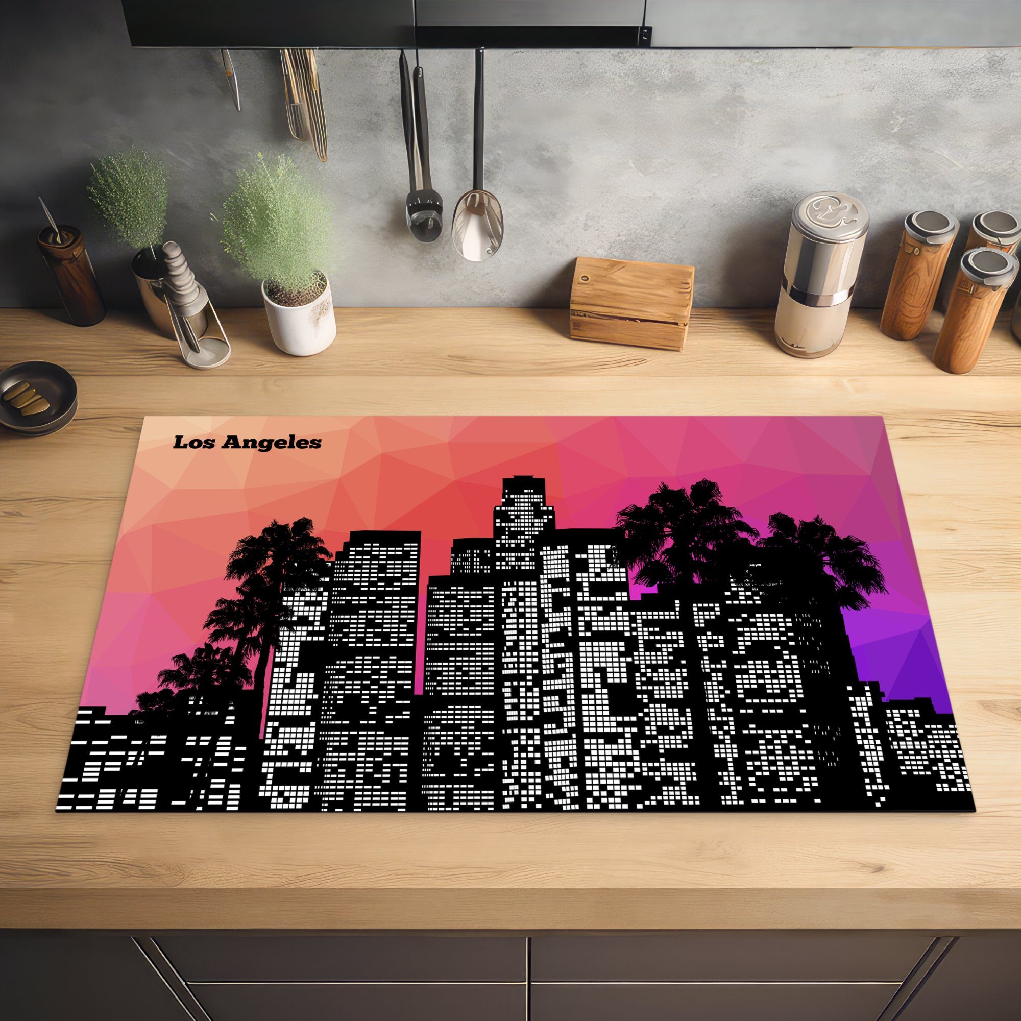 (1 Arbeitsplatte Herdblende-/Abdeckplatte Licht, MuchoWow Los - Angeles für Vinyl, cm, - tlg), 83x51 küche Ceranfeldabdeckung, Skyline