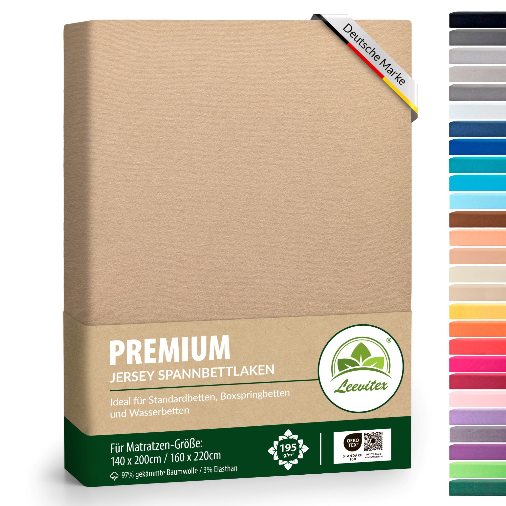leevitex® Spannbettlaken Premium, verschiedene Größen, Stoffgewicht 195 g/m², 40 cm Steghöhe, Jersey-Elasthan, Gummizug: rundum, (1 Stück), verschiedene Farben, OEKO-TEX® STANDARD 100 zertifiziert