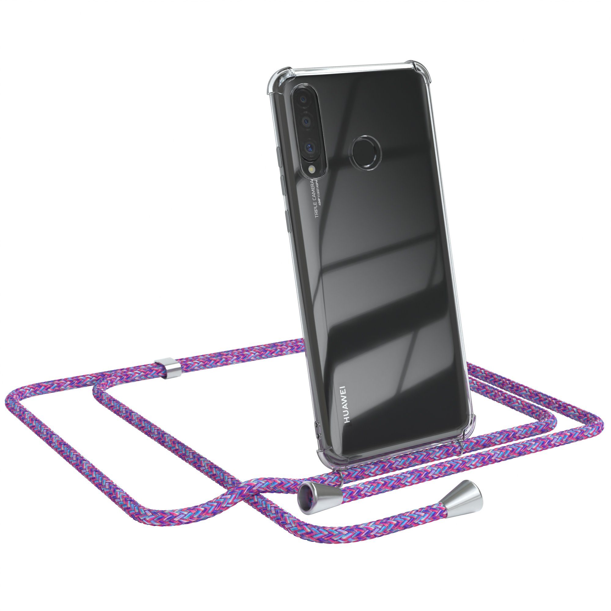 EAZY CASE Handykette Hülle mit Kette für Huawei P30 Lite 6,15 Zoll, Umhängetasche für Handy Silikonhülle Handyhülle durchsichtig Violett