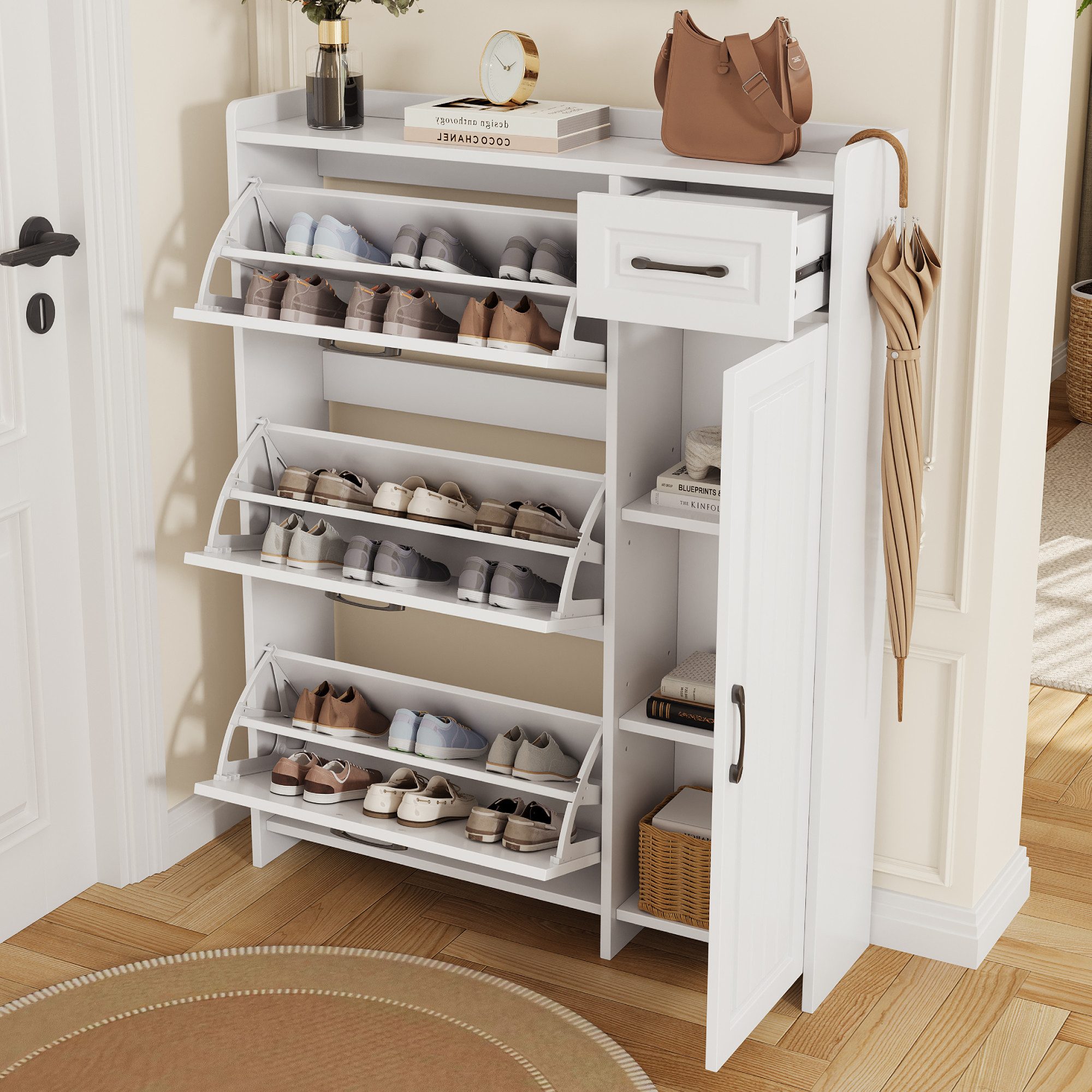 Flieks Schuhschrank Schuhkommode mit 3 Klappen, 1 Schublade und 3 Fächern (B95/T24/H121 cm, 1-St) Schuhregal Schuhkipper mit verstellbarer Ablagen Flurschrank W – Bild 4 von 5