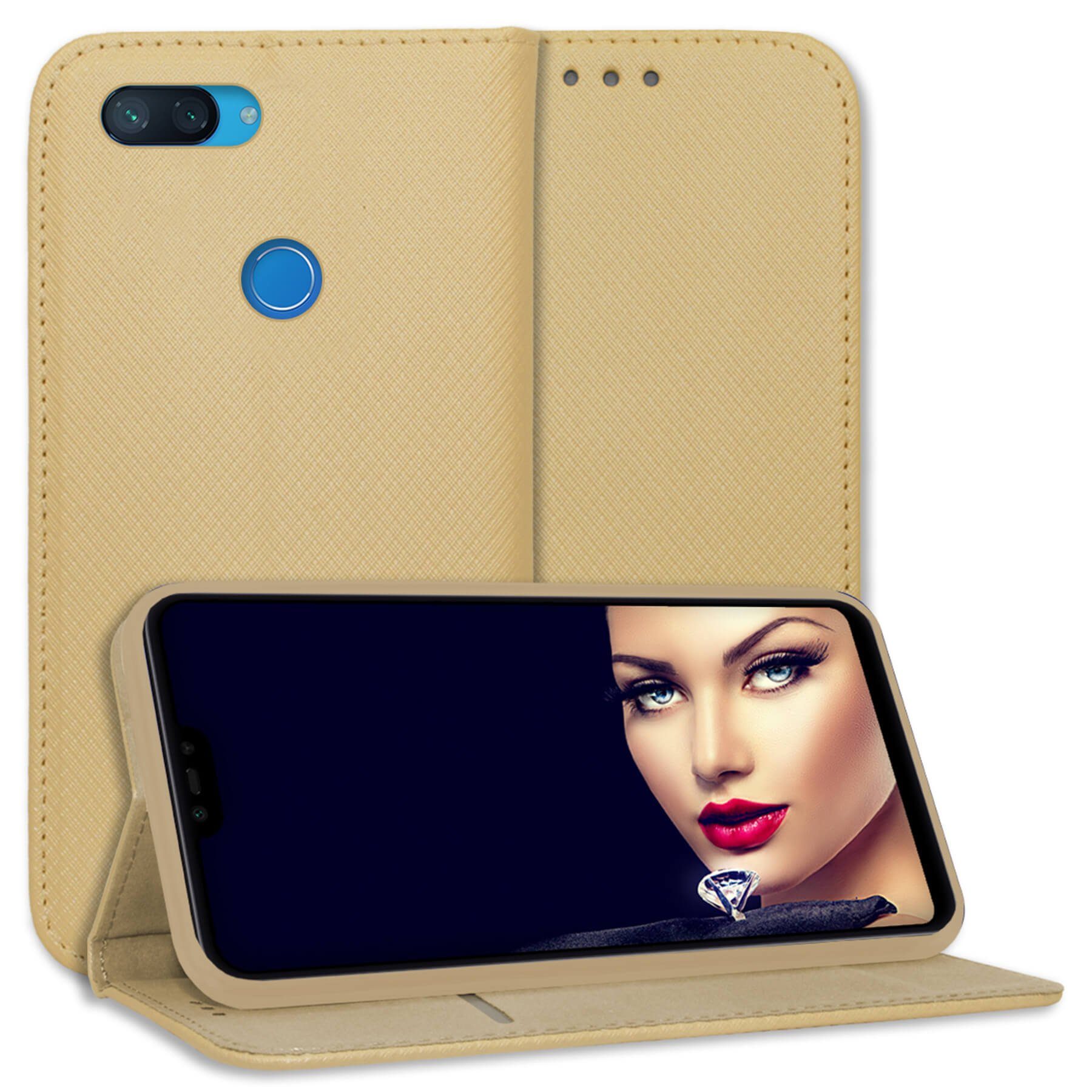 mtb more energy Smartphone-Hülle Smart Magnet für Xiaomi Mi 8 Lite, Gold, Bookstyle Klapphülle Cover Wallet Case aus Kunstleder