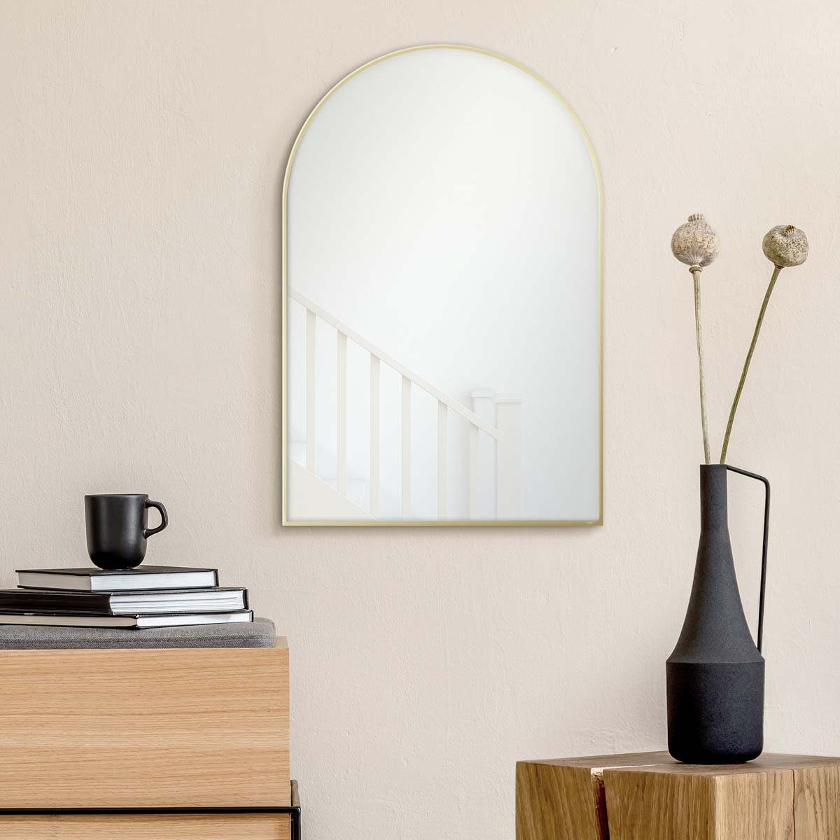 PHOTOLINI Spiegel mit Metallrahmen, Wandspiegel halbrund, schmaler Rahmen 50x75 cm Gold