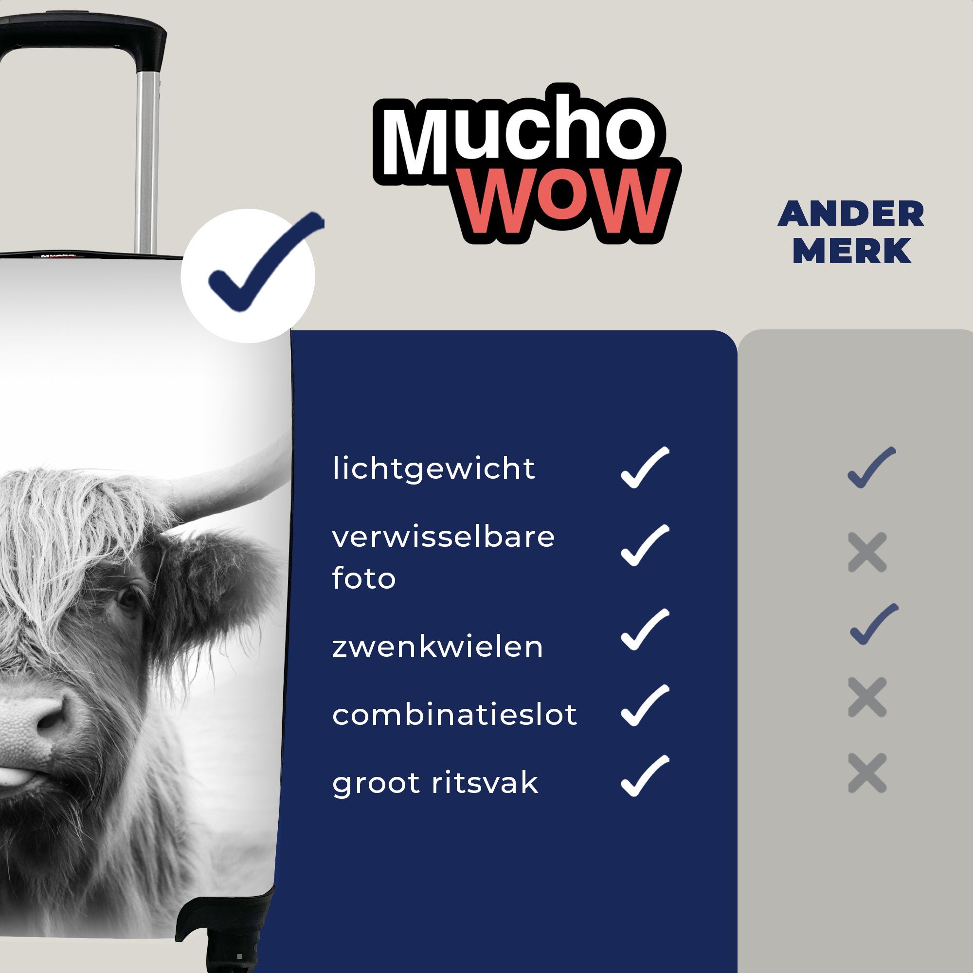 MuchoWow Handgepäckkoffer 4 Ferien, mit Handgepäck - Tiere Weiß, Reisetasche Reisekoffer rollen, - Schottischer - für Highlander - Trolley, Rollen, Kuh Schwarz