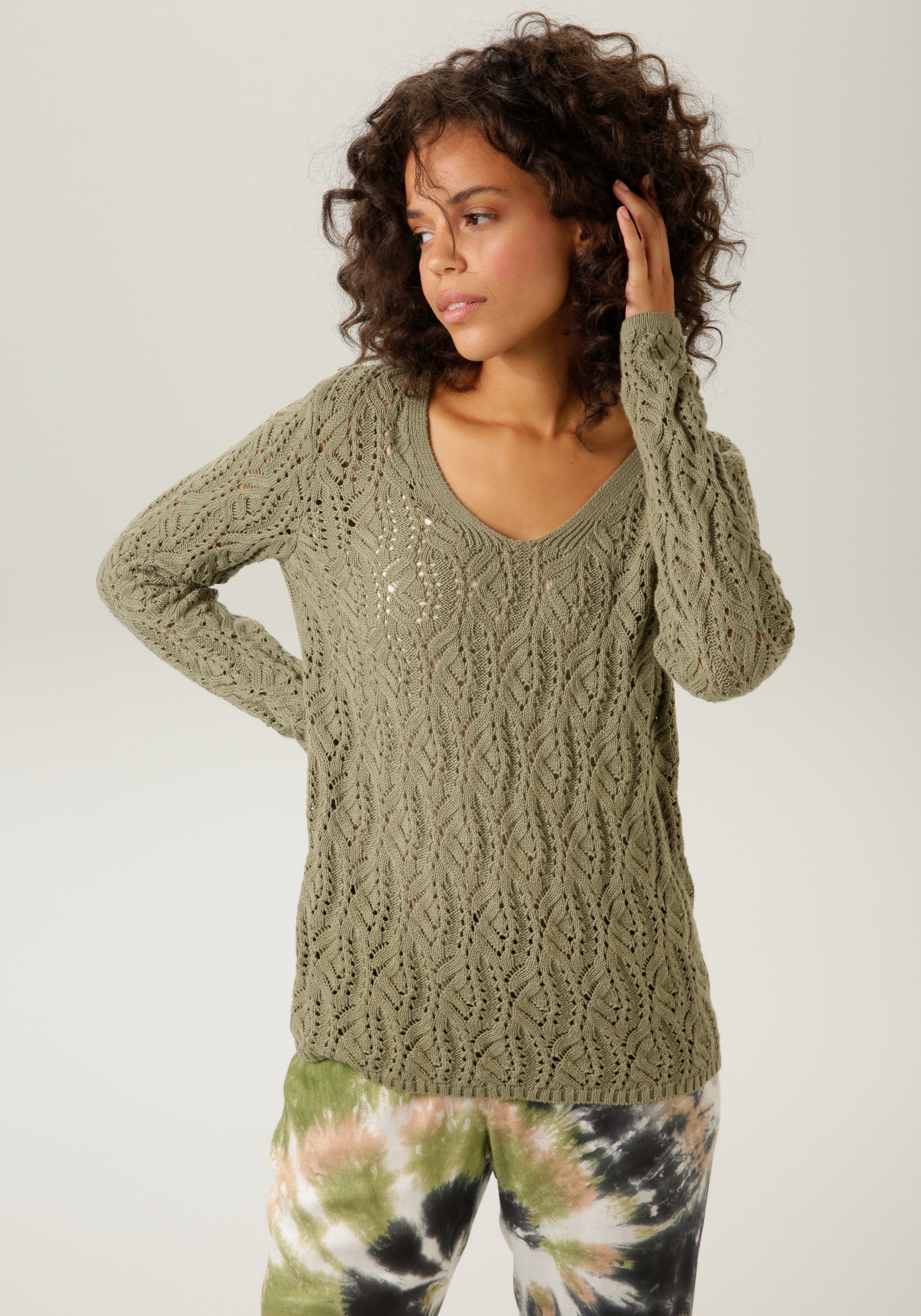 Aniston CASUAL Strickpullover mit trendigem Ajour-Muster - NEUE KOLLEKTION khaki