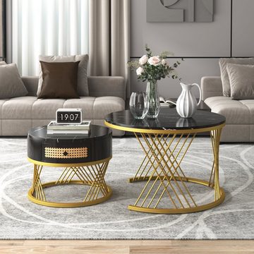 Merax Couchtisch (2er Set), in Marmoroptik mit goldenen Metallrahmen, Beistelltisch mit Schublade