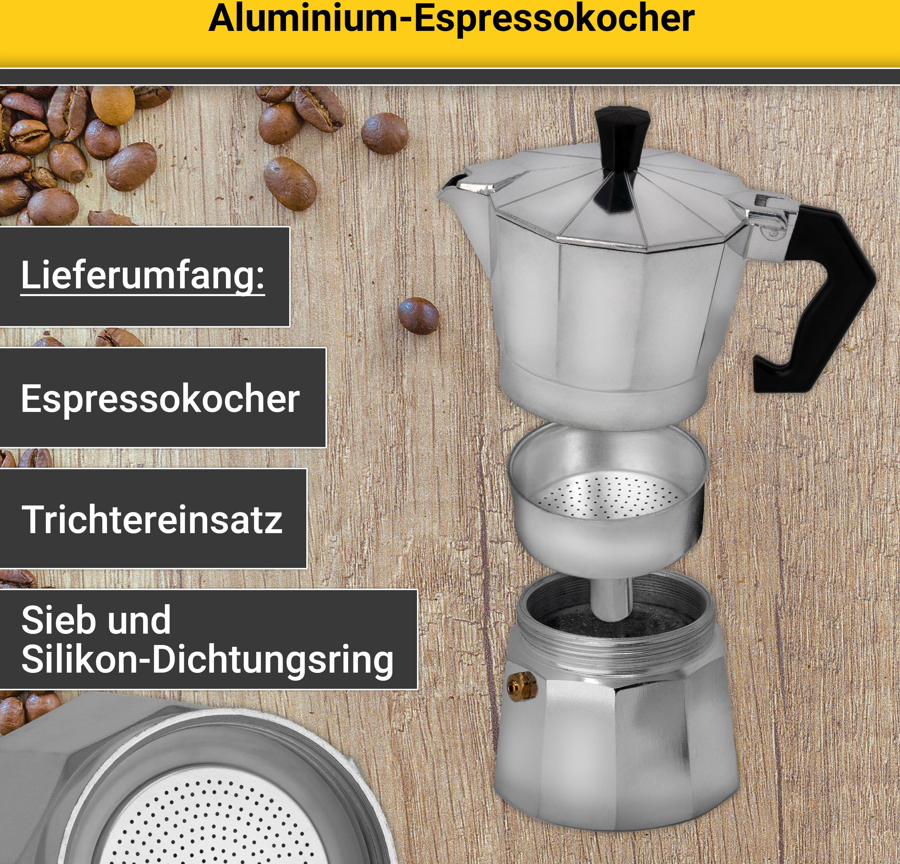 Krüger Espressokocher, 0,35l Kaffeekanne, traditionell italienisch, aus Aluminium, mit Silikon-Dichtungsring