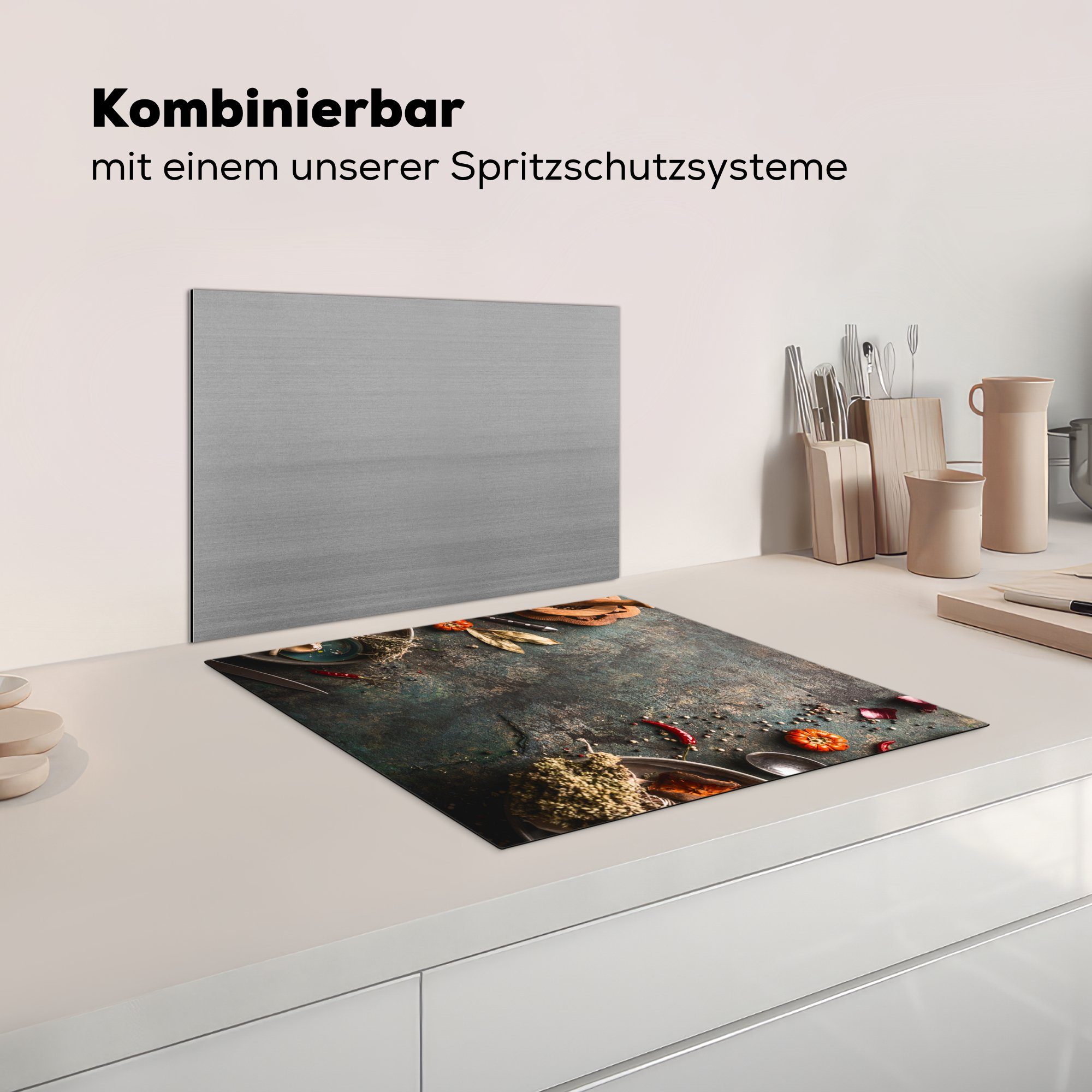 Kräuter, tlg), cm, Marmor - (1 Kürbis Ceranfeldabdeckung Herdblende-/Abdeckplatte Gemüse - Vinyl, Induktionsschutz, - 59x51 Rustikal MuchoWow Herbst - - Induktionskochfeld,