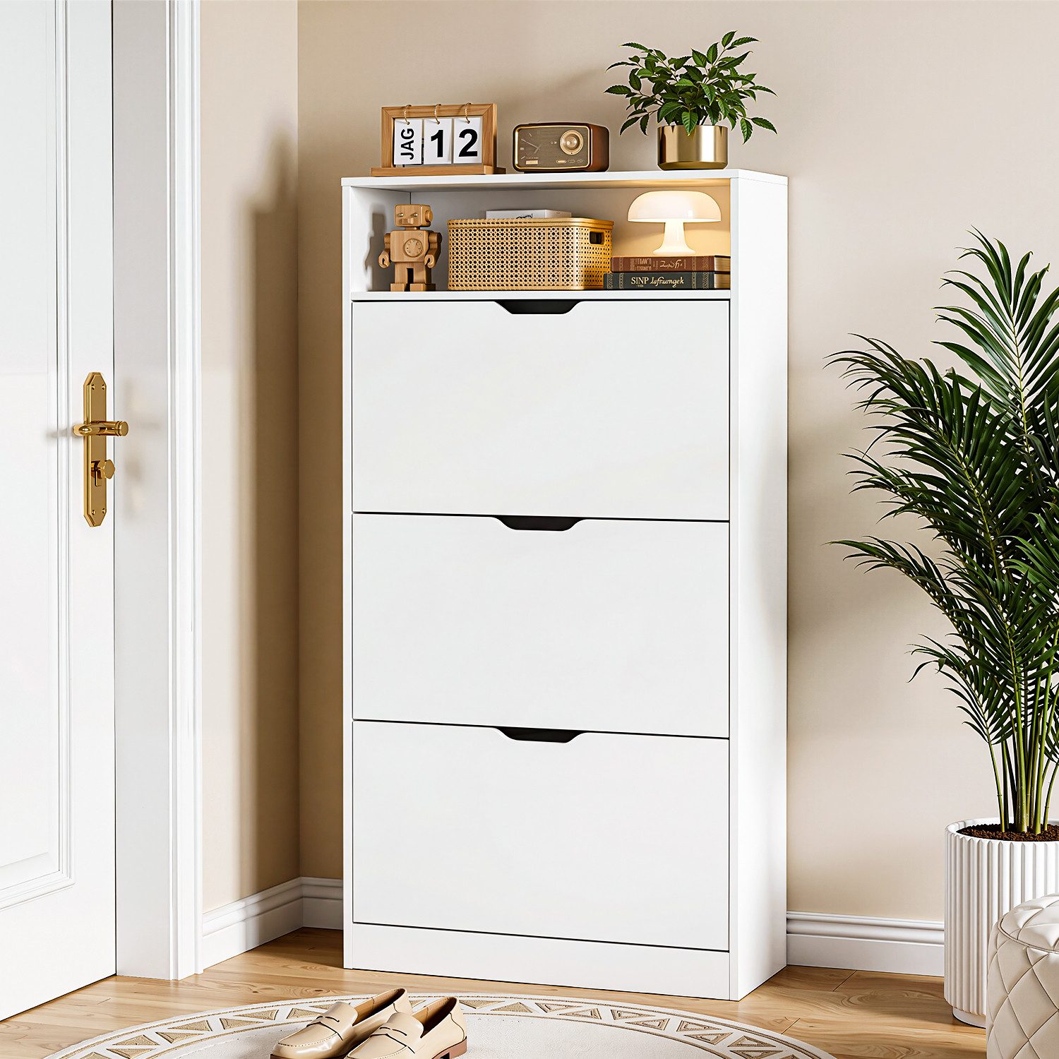 oyajia Schuhschrank Schuhregal mit 3 Klappen und offenes Fach (Trennwand verstellbar, für 15-18 Paar Schuhe) Flur, Diele, Wohnzimmer, Schlafzimmer, 60 x 138 x 24 cm (B x H x T)