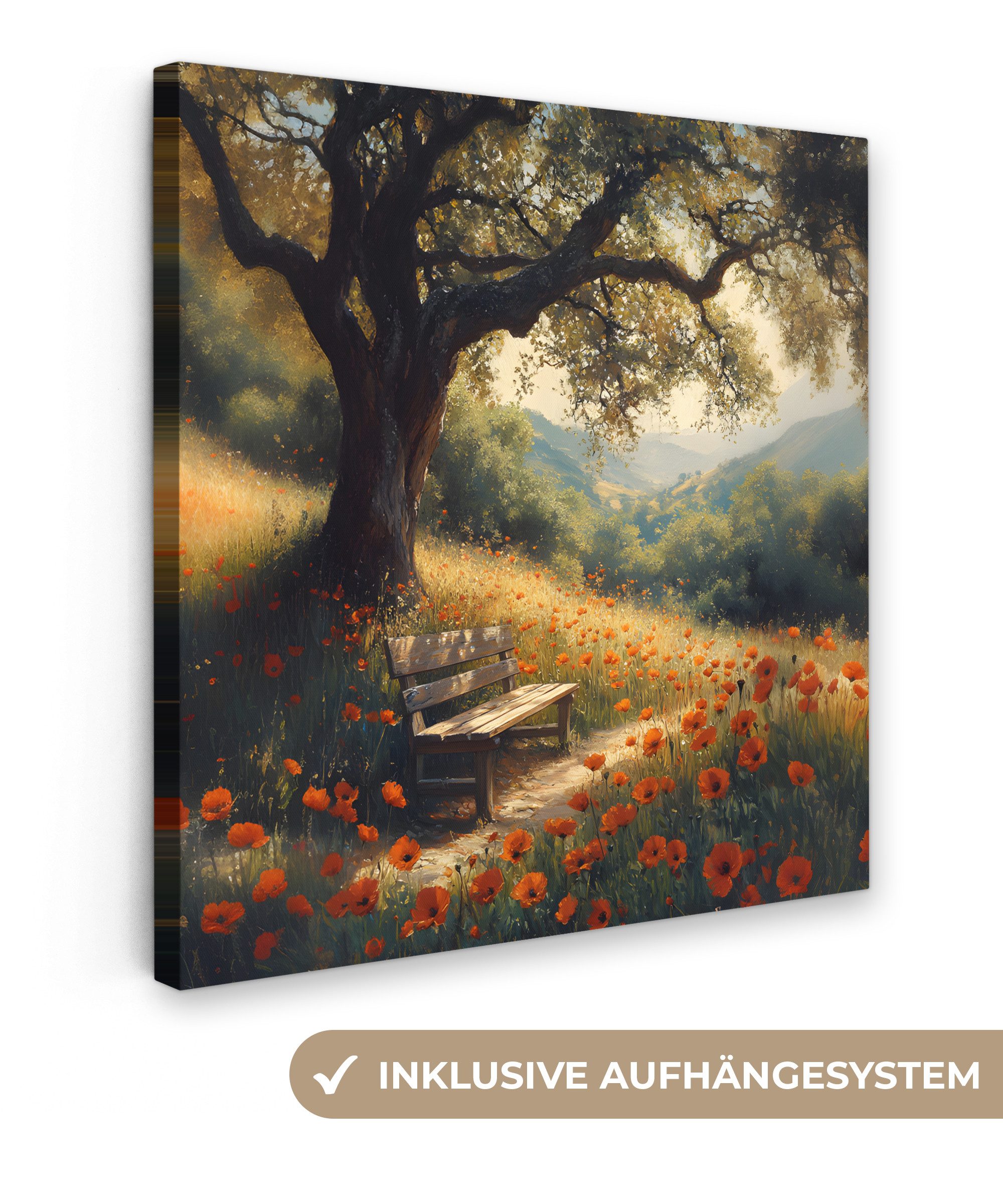OneMillionCanvasses® Leinwandbild Bank - Baum - Mohnblumen - Hügel, Fotodru günstig online kaufen