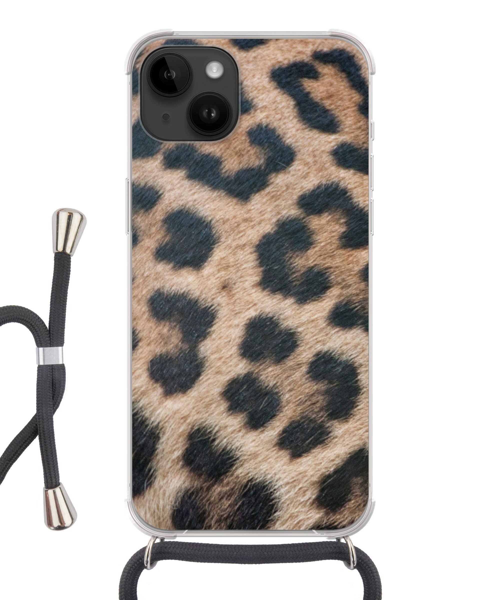MuchoWow Handyhülle für Apple iPhone 14 Leopardenmuster, Tragbare Handyhüllen mit Kette zum umhängen, Handykette Handyband