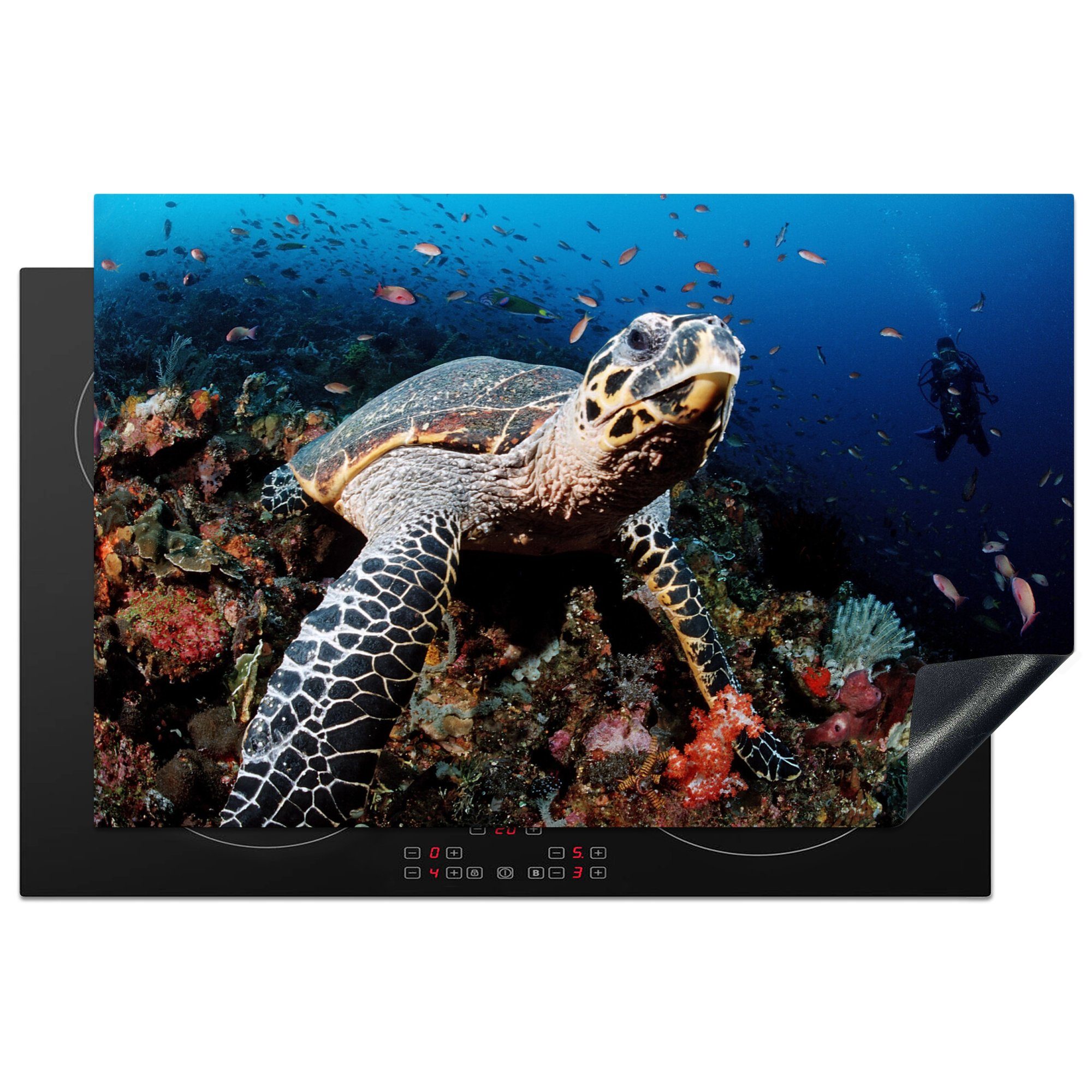 (1 Induktionskochfeld Meeresschildkröte für vorbei, Herdblende-/Abdeckplatte Taucher Ceranfeldabdeckung Vinyl, einem schwimmt an die 81x52 MuchoWow küche, cm, Schutz tlg),