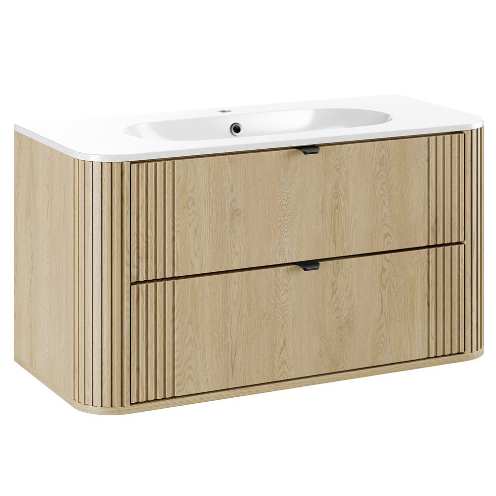 Lomadox Waschtisch OLIVA-56, Eiche gerillt 100 cm breit Metallgriffe Softcl günstig online kaufen