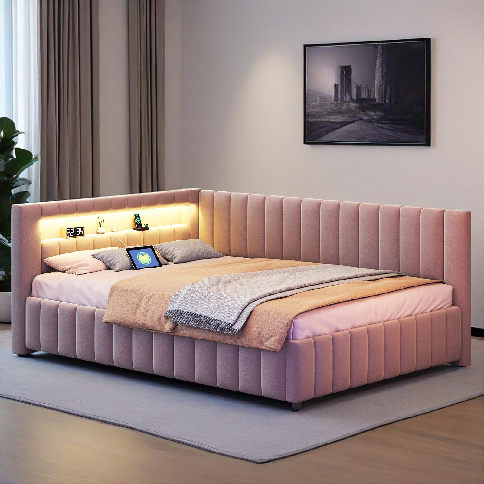 MODFU Polsterbett Kinderbett (140x200 cm mit LED-Lichtstreifen, USB-Ladeans günstig online kaufen