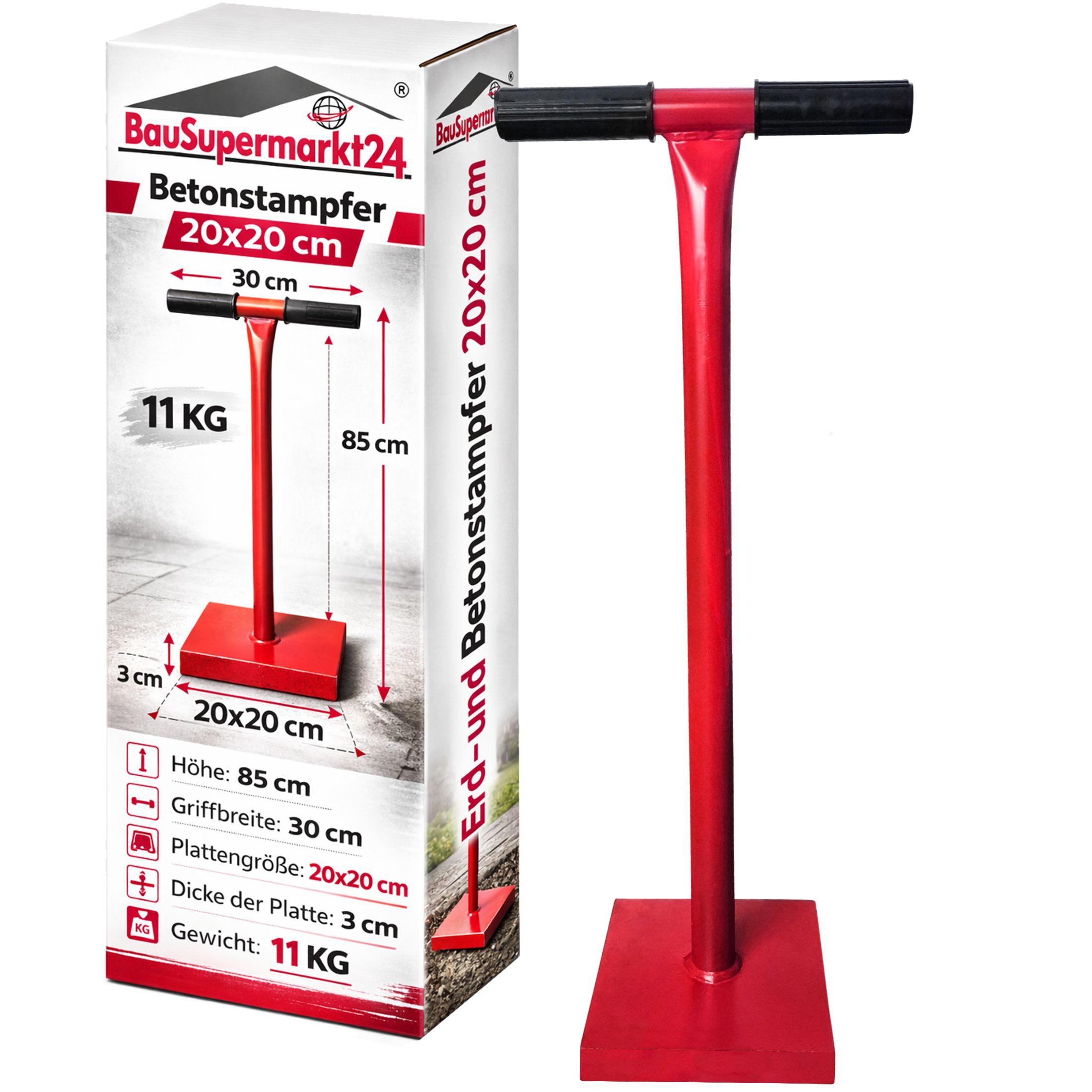 BauSupermarkt24 Plattenheber Erd- und Betonstampfer 20x20 cm Erdstampfer 85 cm Bodenverdichter, -]