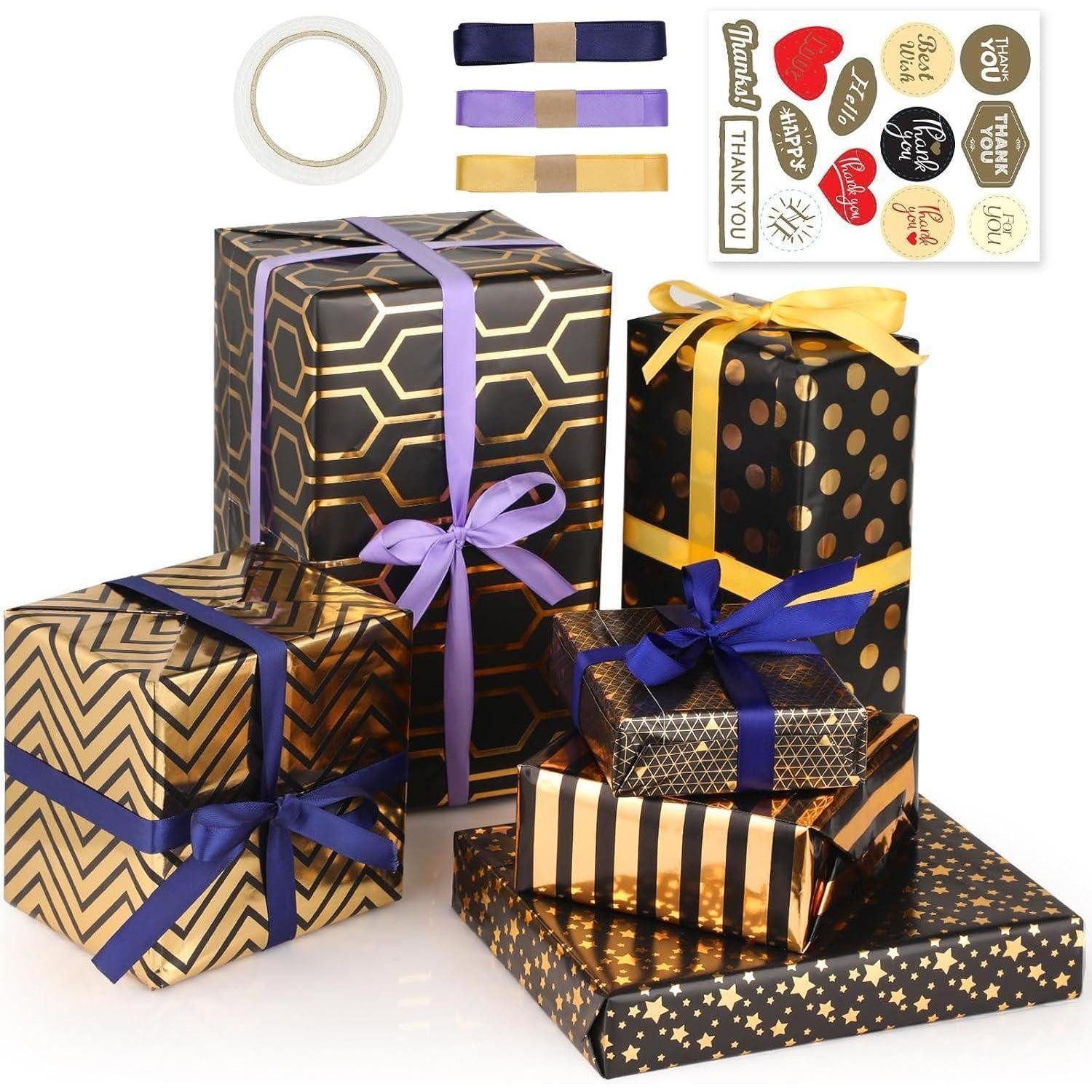 LuxusKollektion Geschenkpapier Geschenkpapier Geburtstag 50x70cm 6er Schwarz Gold Set Schwarz&gold, (1St)
