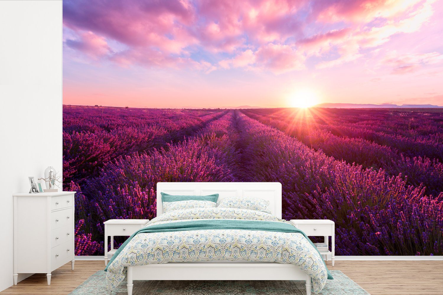 MuchoWow Fototapete Lavendel - Blumen - Frankreich, Matt, bedruckt, (6 St), Wallpaper für Wohnzimmer, Schlafzimmer, Kinderzimmer, Vinyl Tapete