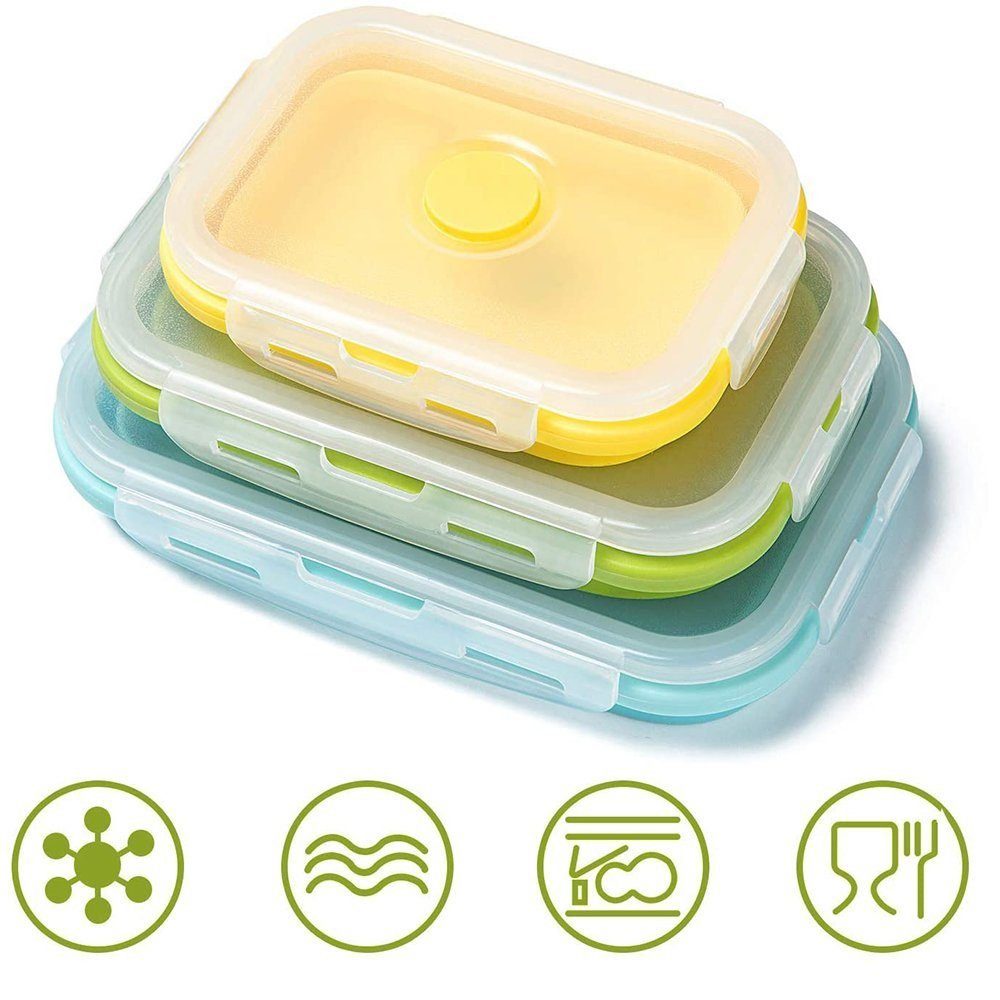 TUABUR Lunchbox Lebensmittelbehälter (3-tlg) Zusammenklappbarer Silikon-Faltbox 3er-Set