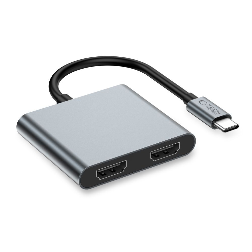 TECH PROTECT Multiport-Hub Dockingstation Anschlussverteiler Adapter USB-C zu HDMI, USB-A, USB-C, 11.5 cm, 2x HDMI 4K, USB-C PD 100 W, Aluminium