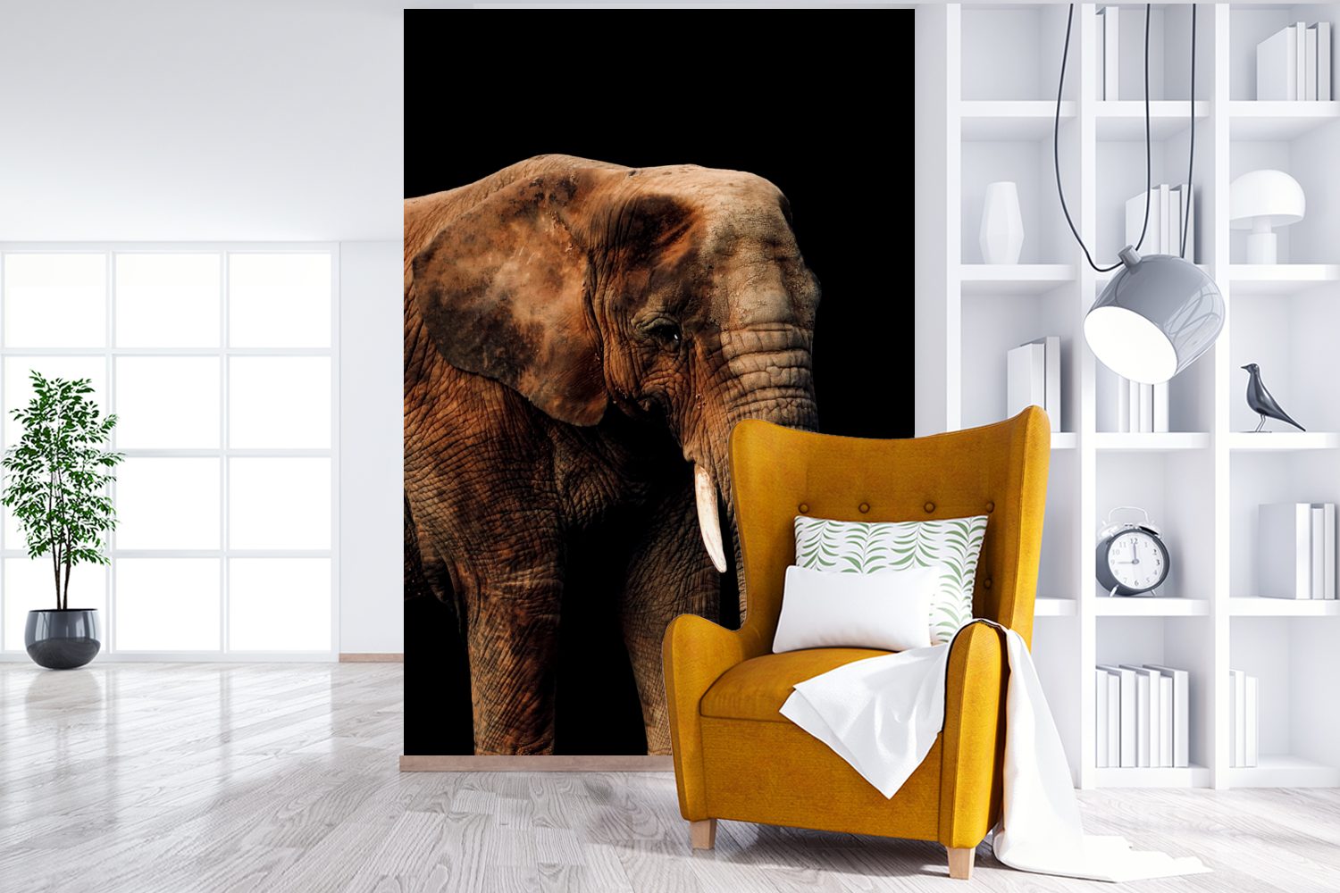 Wandtapete Terrakotta, - (3 St), Montagefertig Elefant MuchoWow Fototapete für Wohnzimmer, - Tapete Schwarz Matt, bedruckt, Vinyl