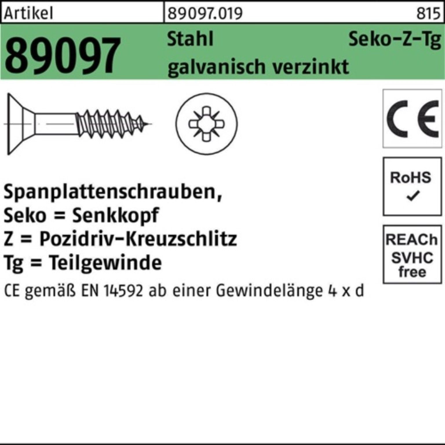 Reyher Spanplattenschraube 200er Pack Spanplattenschraube R 89097 SEKO PZ TG 5x120/70-Z Stahl gal