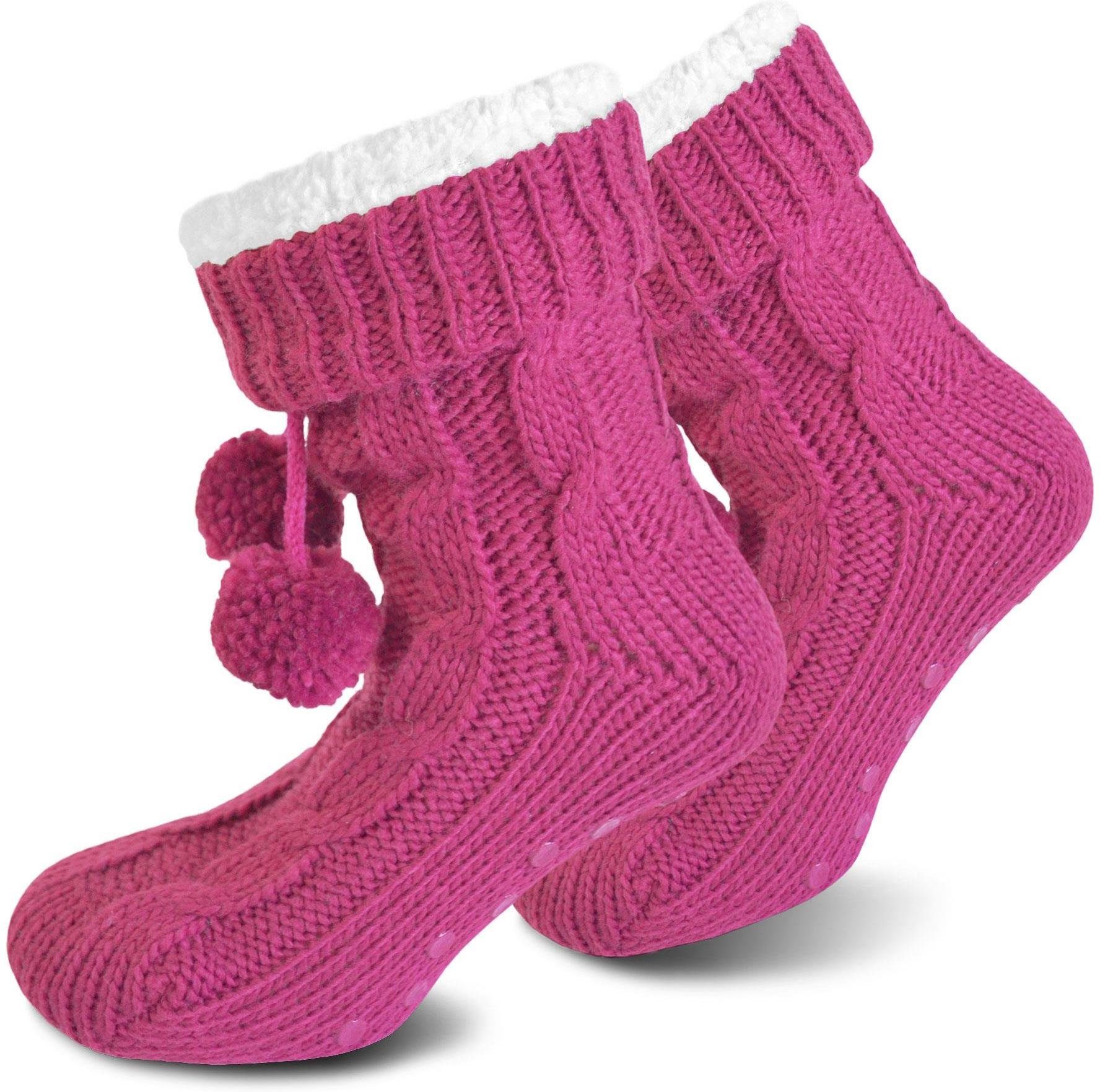 kuscheliges Strick-Hausschuhe und normani ABS Bommeln Futter Paar) mit Kuschelsocken dickes, Magenta Pink (1