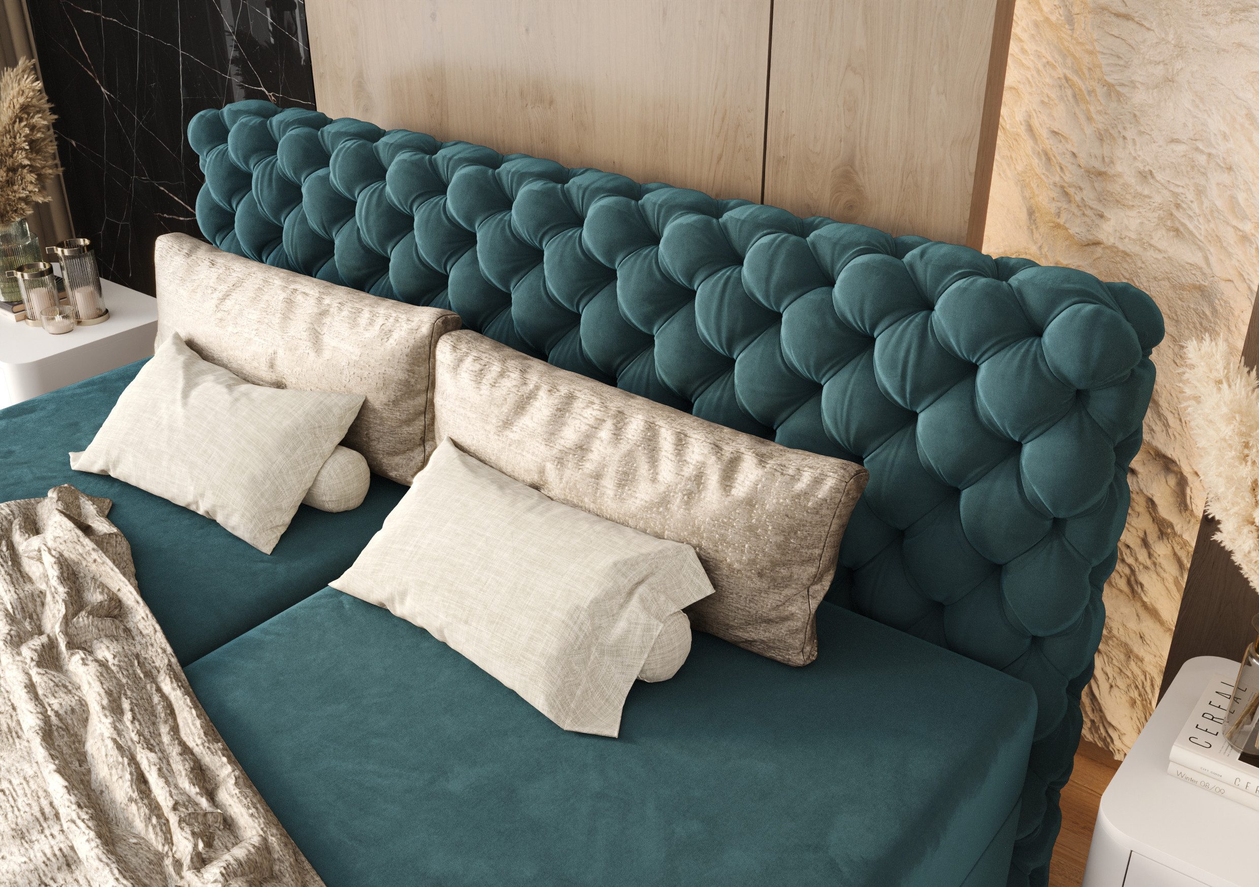 B&B Home Boxspringbett Boxbett Figo IV 180 cm 200 cm (inkl zwei Bettkästen, Multipocket-Matratze und Topper, Chesterfield) – Bild 2 von 5