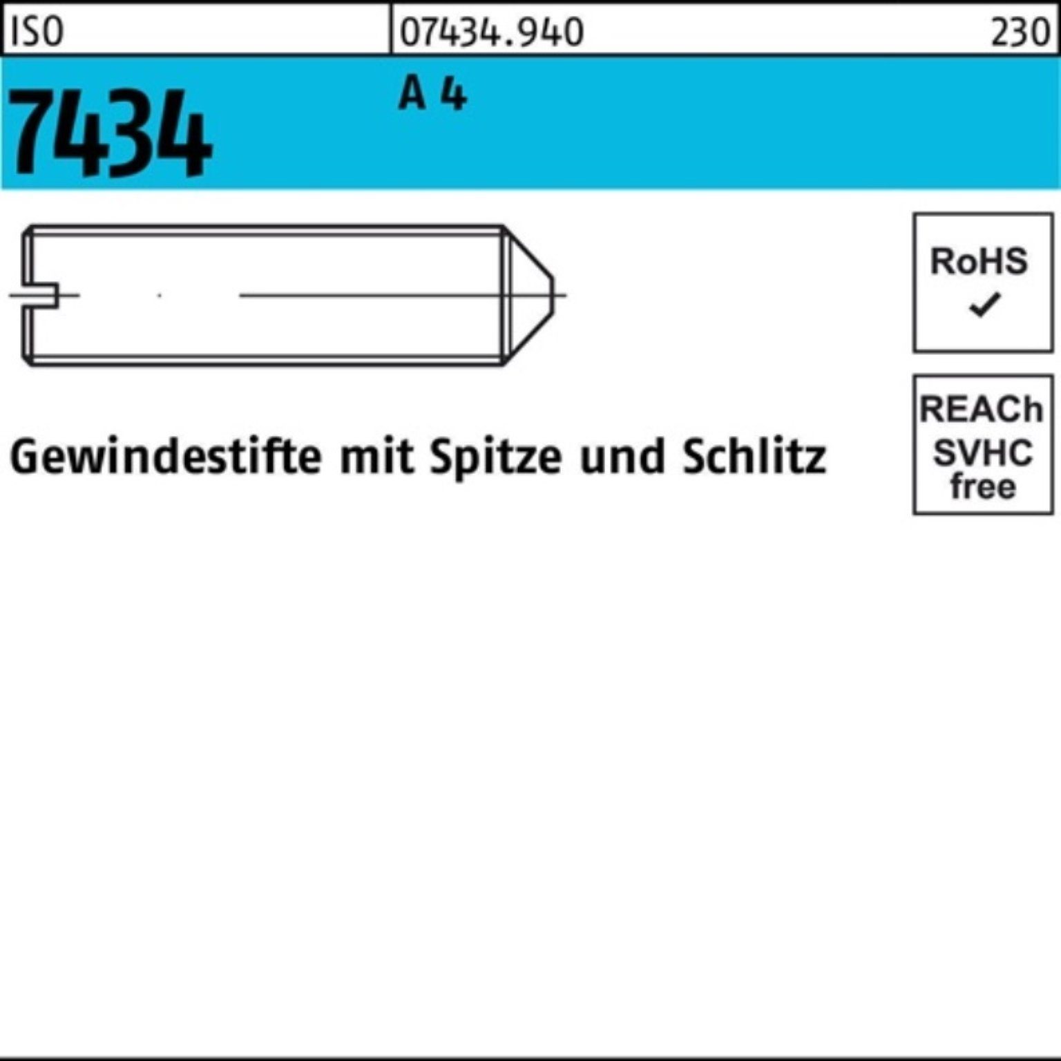 Gewindebolzen 100er 4 IS 7434 Pack 8 Reyher Spitze/Schlitz Stück M6x 25 A Gewindestift ISO