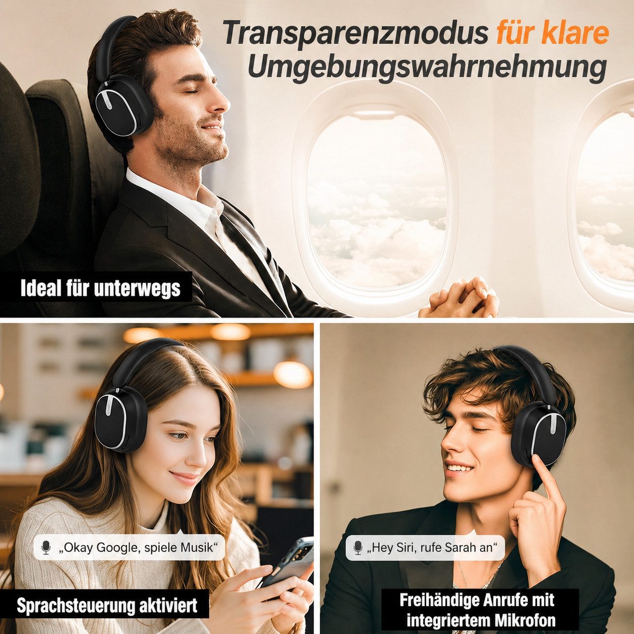 Futicare Bluetooth 6.0 Kopfhörer mit ANC, 120 Std. Laufzeit & Hi-Res Audio, Over-Ear-Kopfhörer (kabellos mit 40-mm-Treiber, Mikrofon, Schnellladung, Transparenzmodus, für Reisen, Büro & Alltag)