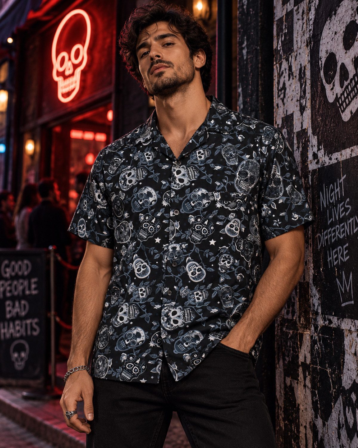King Kameha Hawaiihemd "Skull" Funky Hawaii-Hemd Herren Kurzarm Front-Tasche Stylish – Bild 2 von 5