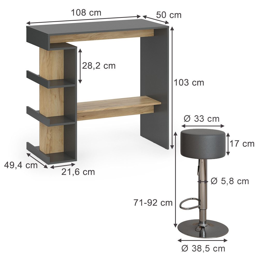 Vicco Bartisch Dana, Anthrazit/Goldkraft Eiche/Goldkraft Eiche, 108 x 50 cm günstig online kaufen
