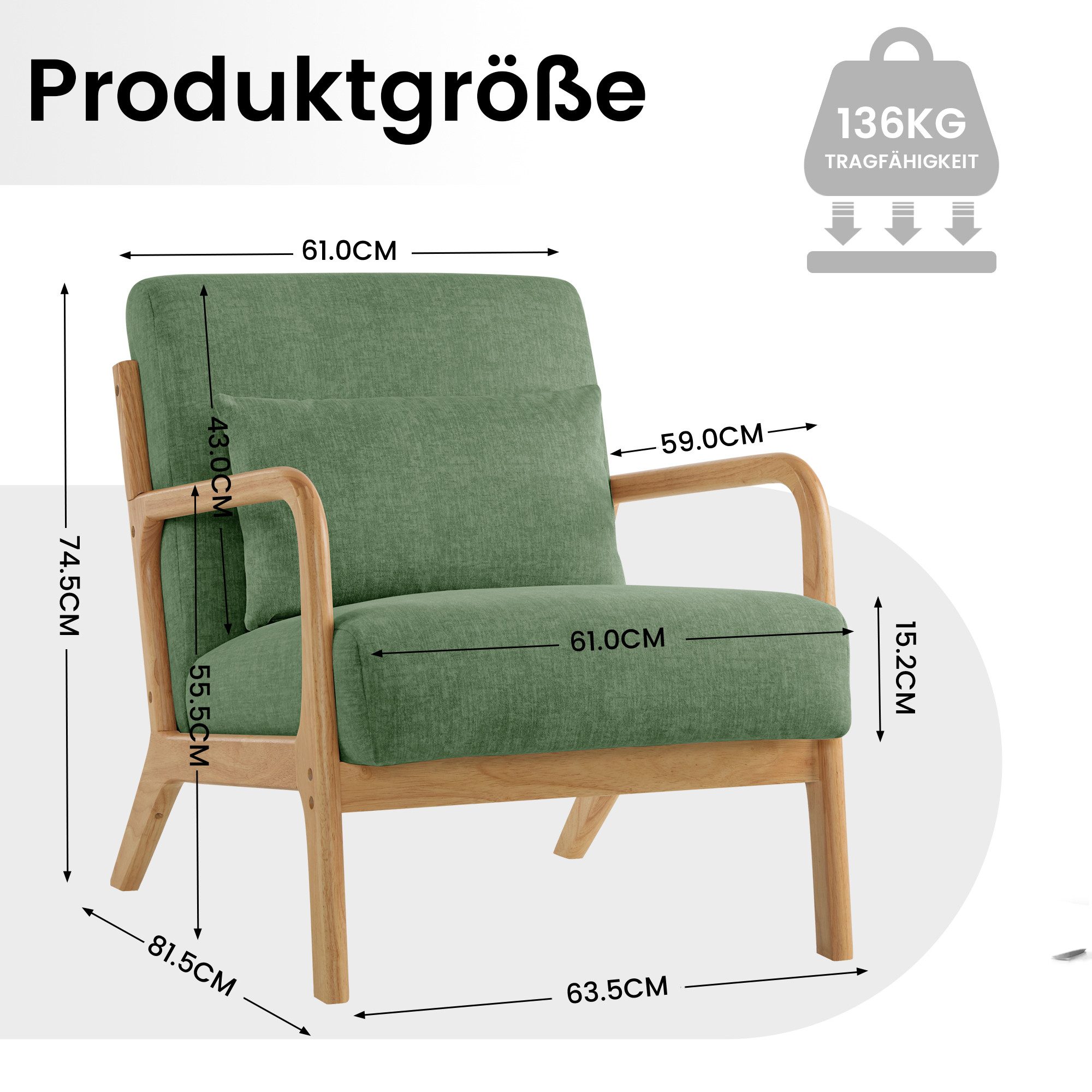 Aunekiv Sessel mit Kissen & Holzrahmen, Lesesessel, Mid-Century Sessel (1-St), Perfekt als Relaxsessel für Wohnzimmer und kleine Räume – Bild 2 von 5