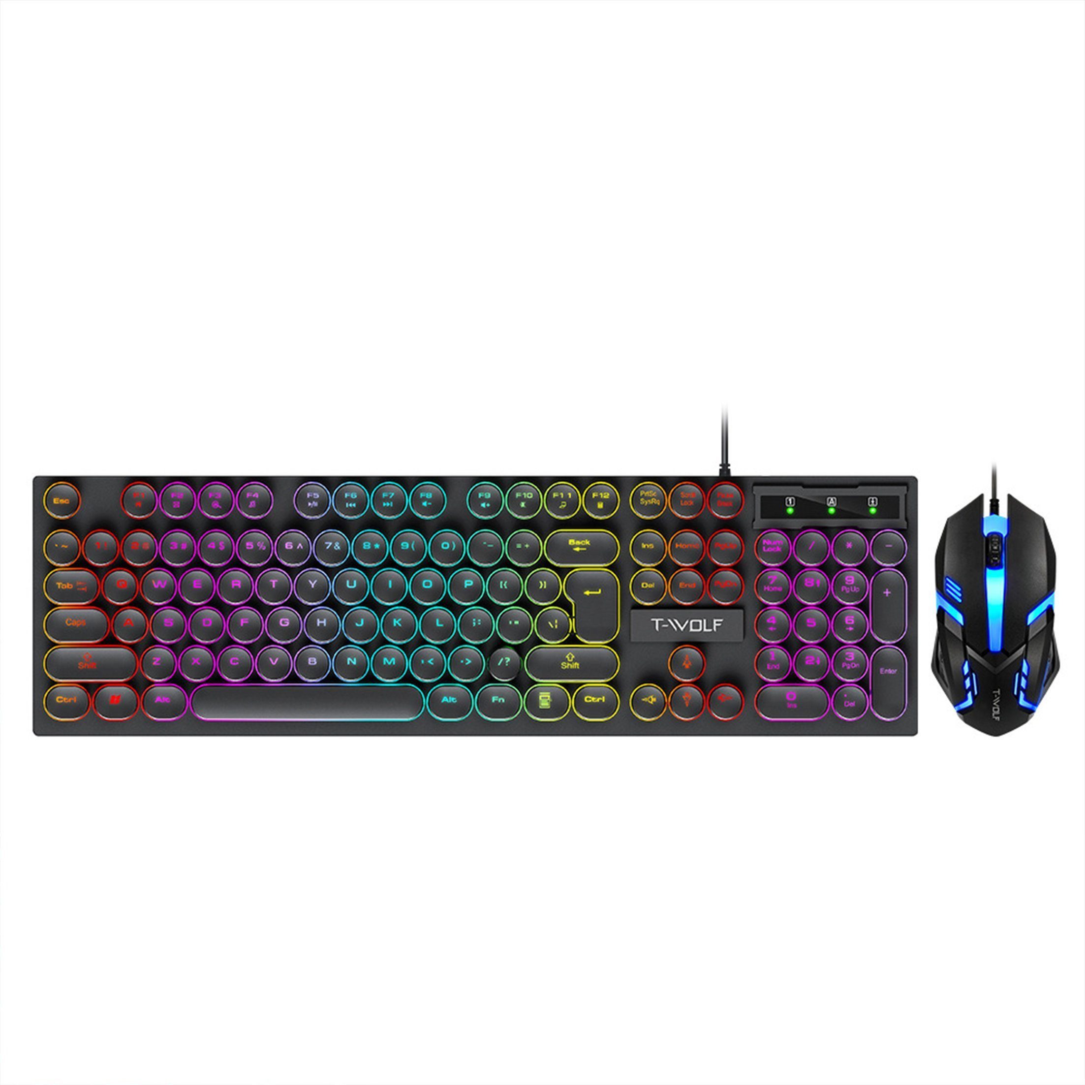 KINSI Gaming Tastatur Maus Set - Leuchtende Retro Punk Tastatur Tastatur- und Maus-Set, mit runden Tasten, USB-Kabelverbindung, Anti-Ghosting
