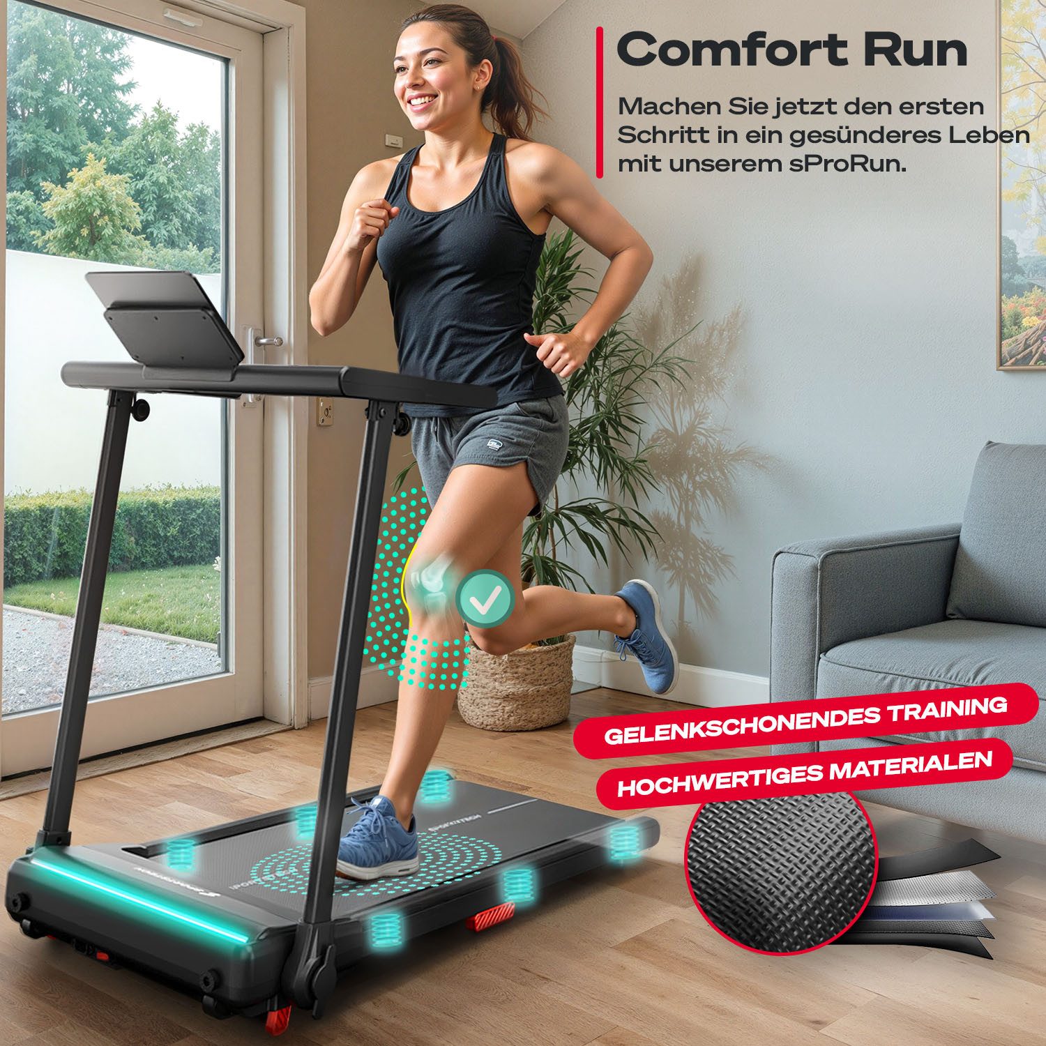 Sportstech Laufband sProRun, Steigungsfunktion bis 9%, zuklappbar, Transportrollen, bis 120kg