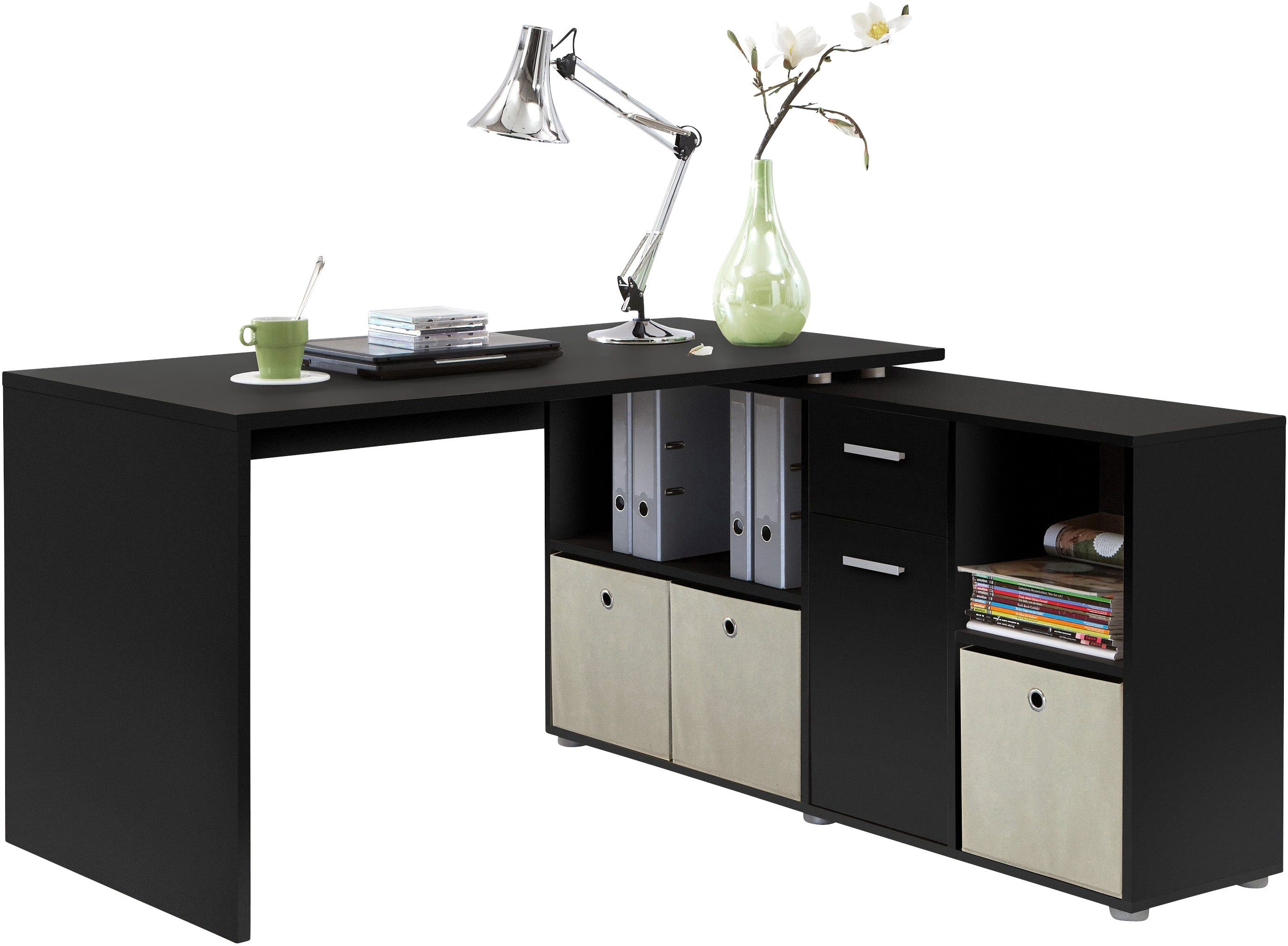FMD Eckschreibtisch Lex, Schreibtisch / Sideboard, drehbar, Breite 136 / 205 cm, Made in Germany schwarz | Eckschreibtische