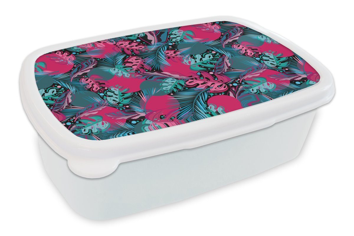 MuchoWow Lunchbox Blätter - Hawaii - Design - Rosa - Blau, Kunststoff, (2-tlg), Brotbox für Kinder und Erwachsene, Brotdose, für Jungs und Mädchen weiß