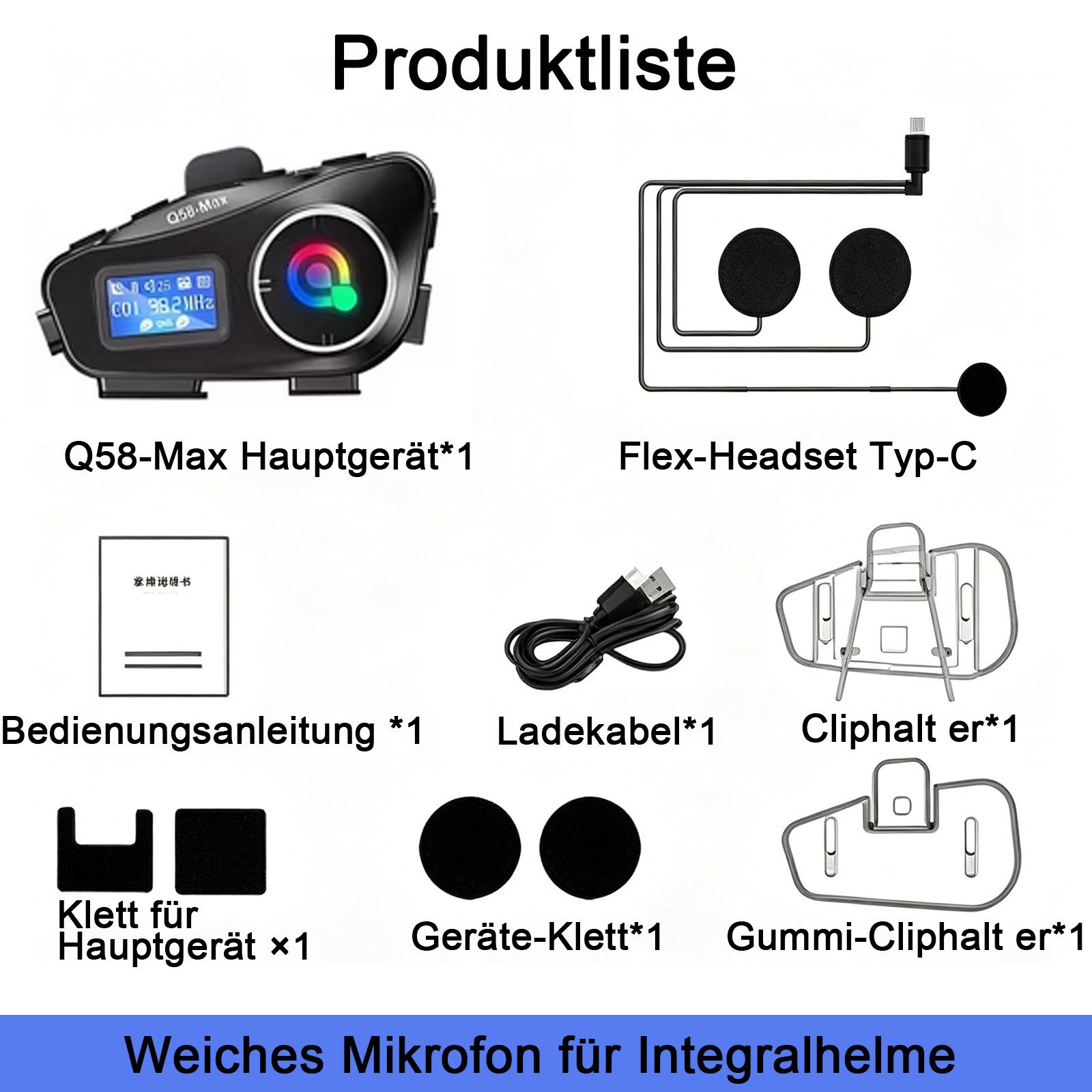 MOPUEA Bluetooth-Kopfhörer 5.3 Motorrad Headset mit 500 m Intercom & MP3 Bluetooth-Kopfhörer (Flexibles Mikrofon, 500 m Intercom, Bluetooth 5.3, CVC DSP, 1000 mAh Akku)