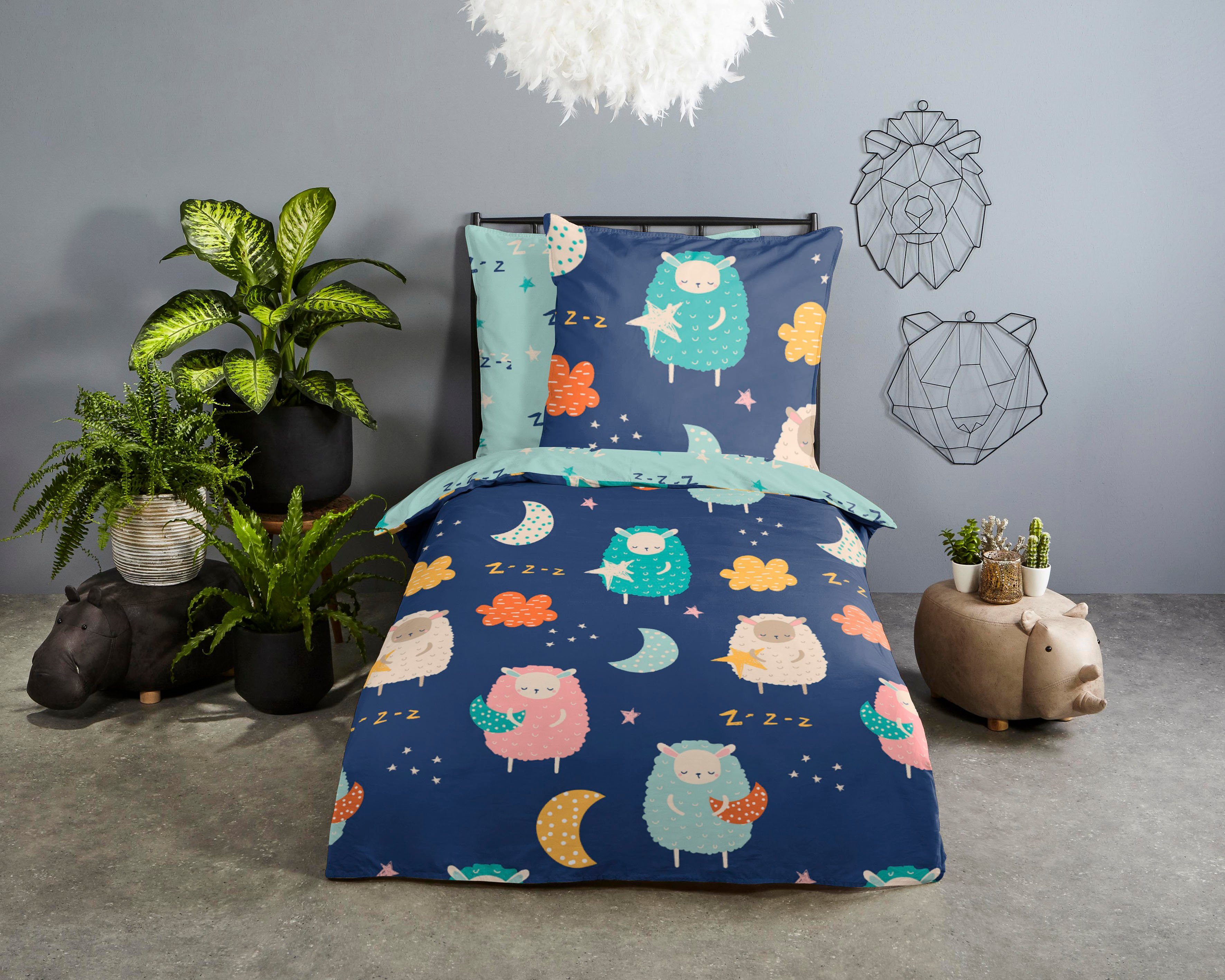good morning Kinderbettwäsche Sheep Sleep, Renforcé, 2 teilig, Baumwolle, 135x200, Reißverschluss, Wendeoptik, Kind, Schafe, Blau