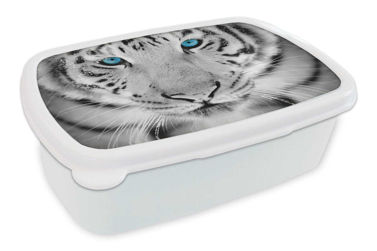 MuchoWow Lunchbox Tiere - Tiger - Augen - Blau - Schwarz und weiß, Kunststoff, (2-tlg), Brotbox für Kinder und Erwachsene, Brotdose, für Jungs und Mädchen