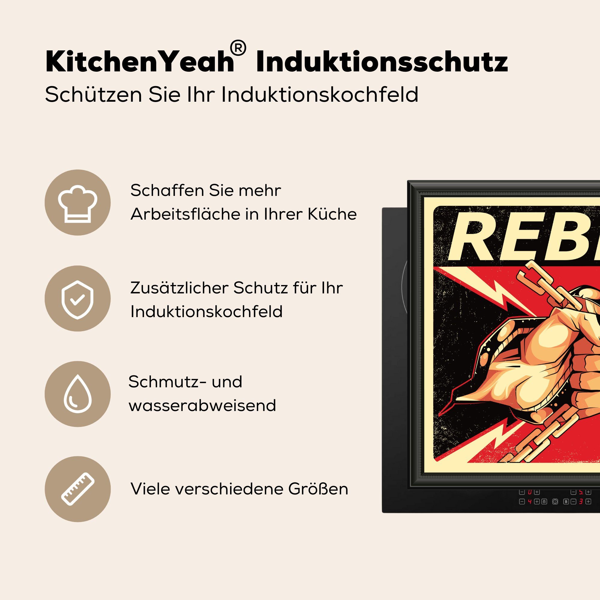 Herdblende-/Abdeckplatte Vintage-Poster (1 Arbeitsplatte tlg), Vinyl, küche Rebell, MuchoWow Ceranfeldabdeckung, für cm, 78x78