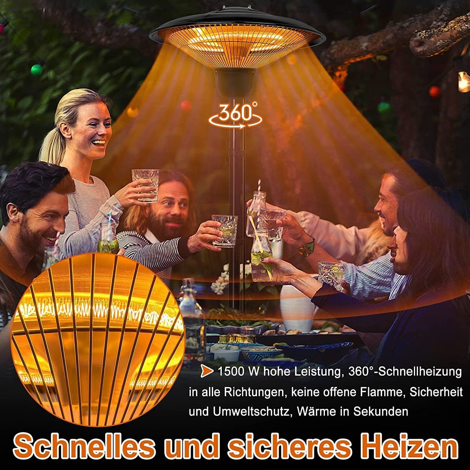 1500W W 1500 Deckenheizstrahler höhenverstellbar, Infrarotstrahler AUFUN Ständer, mit