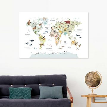Posterlounge Poster Marta Munte, Kinder Weltkarte mit Tieren (weiß), Kinderzimmer Maritim Illustration