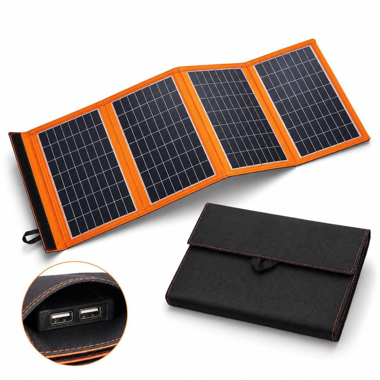 Goldstern-Tech Solarmodul SolarMate, Monokristallin, (Faltbares, kompaktes Solarpanel 30W 40W, 4-St., hocheffizient mit 2 USB-Anschlüssen (bei der Leistungsvariante 40 W), ultraleicht & robust für Outdoor, Camping & Notfall-Stromversorgung